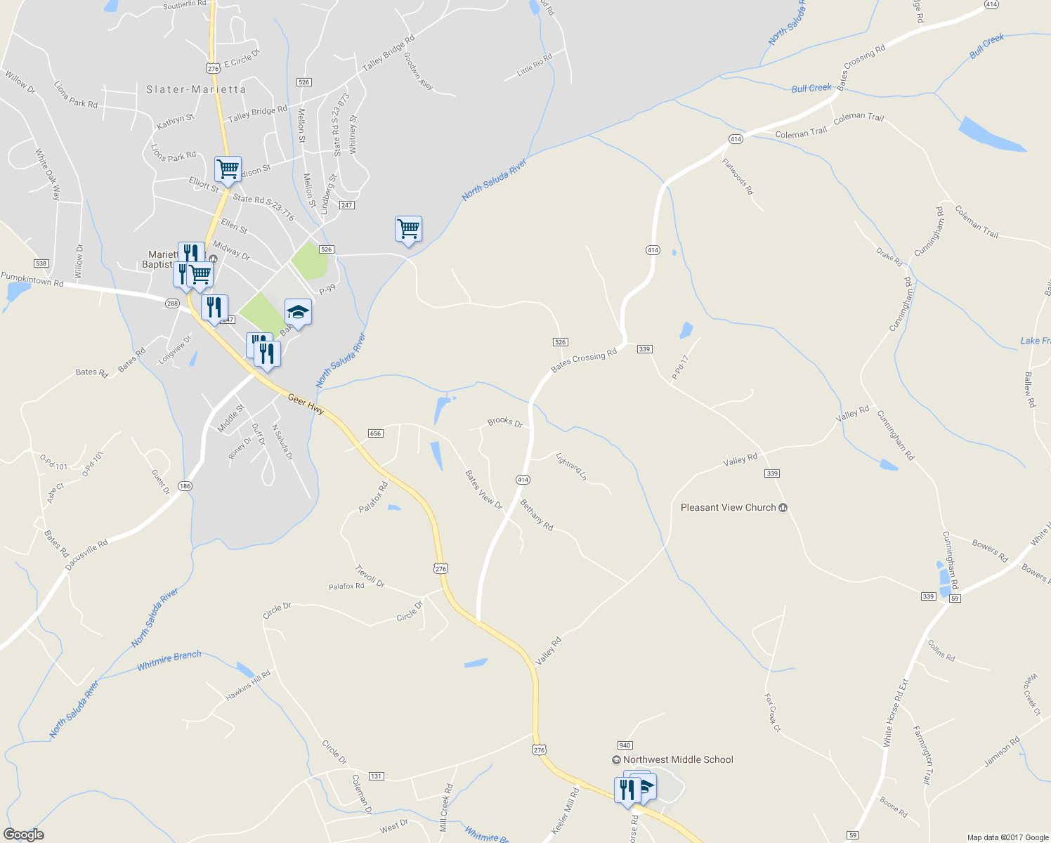 map of restaurants, bars, coffee shops, grocery stores, and more near 57 Brooks Drive in Travelers Rest