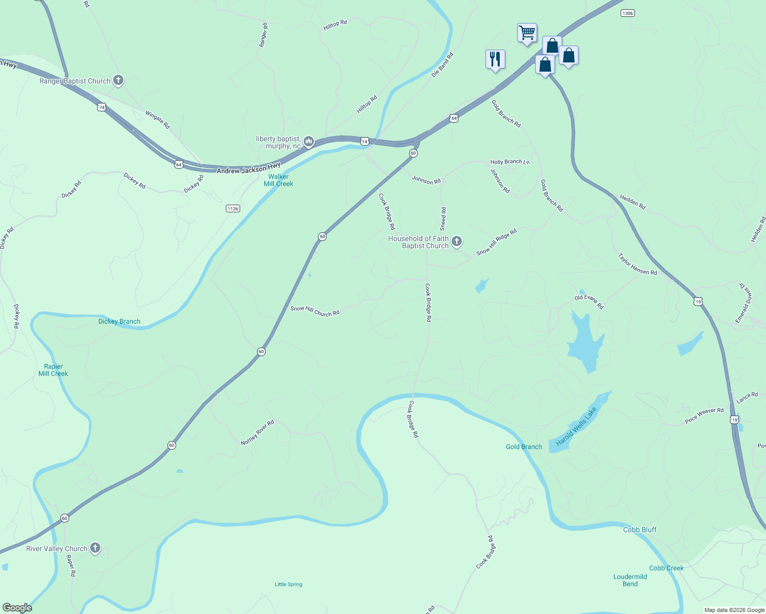 map of restaurants, bars, coffee shops, grocery stores, and more near 7 Blueberry Lane in Murphy