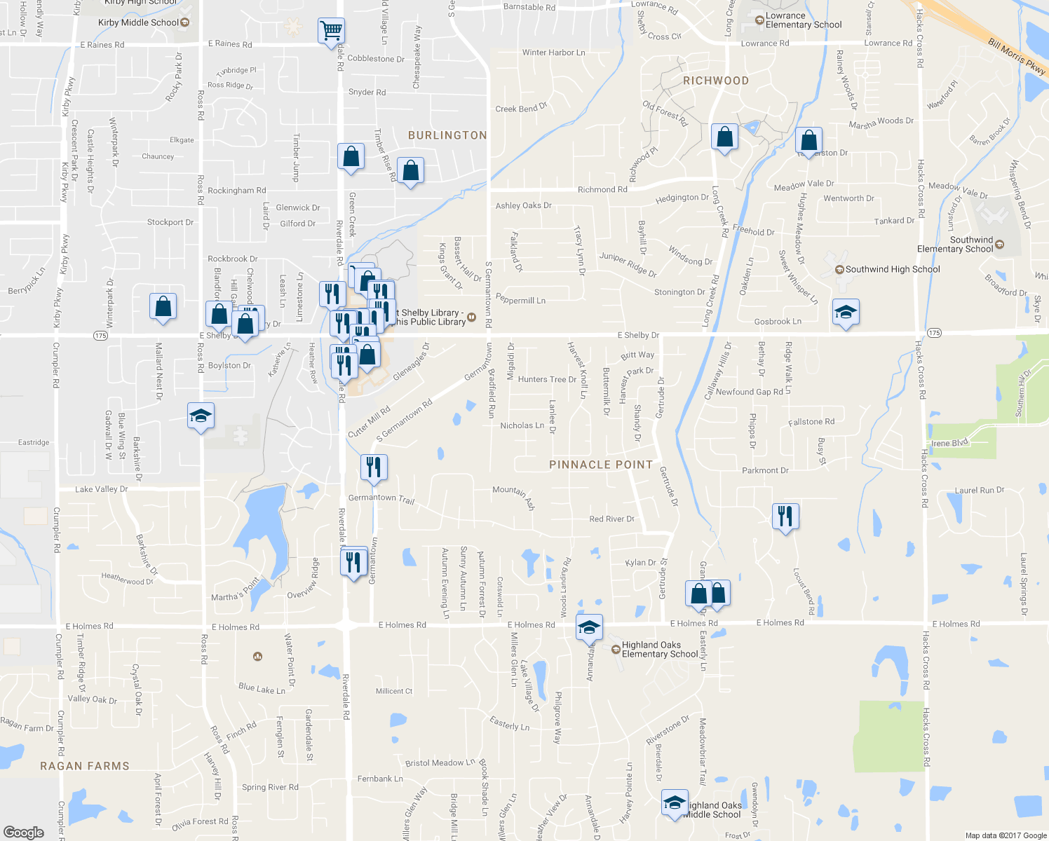 map of restaurants, bars, coffee shops, grocery stores, and more near 7288 Nicholas Ln in Memphis
