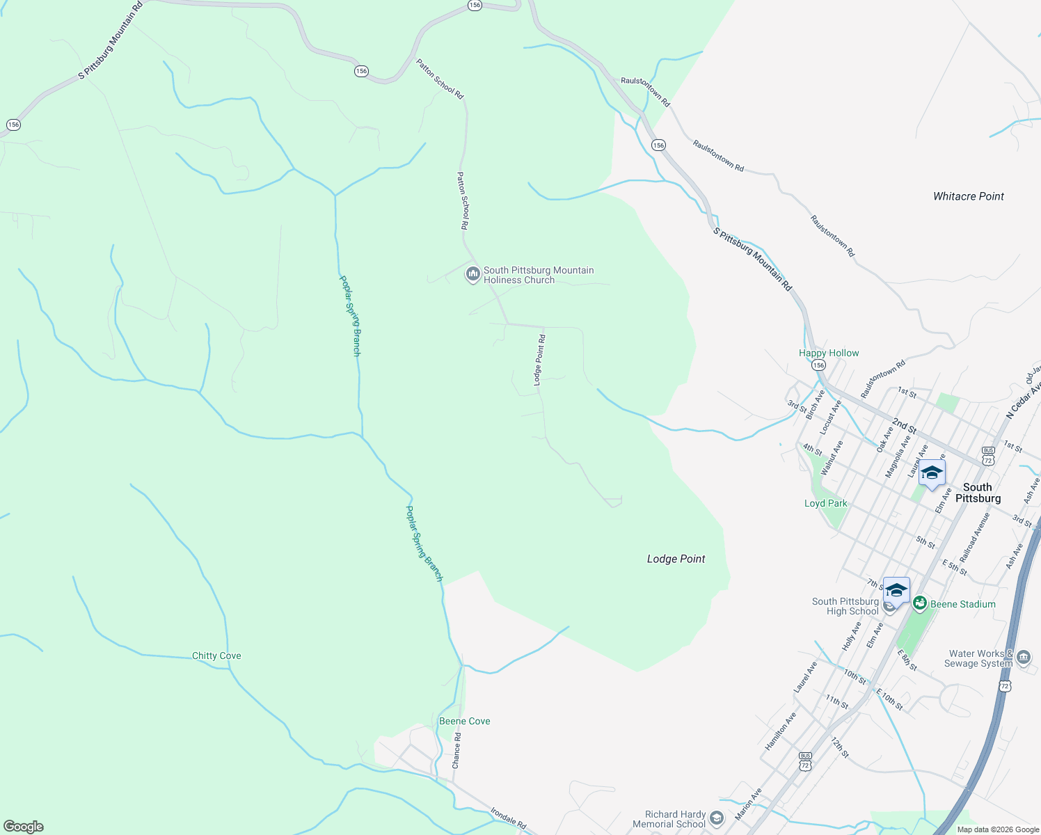 map of restaurants, bars, coffee shops, grocery stores, and more near 224 Lodge Point Road in South Pittsburg