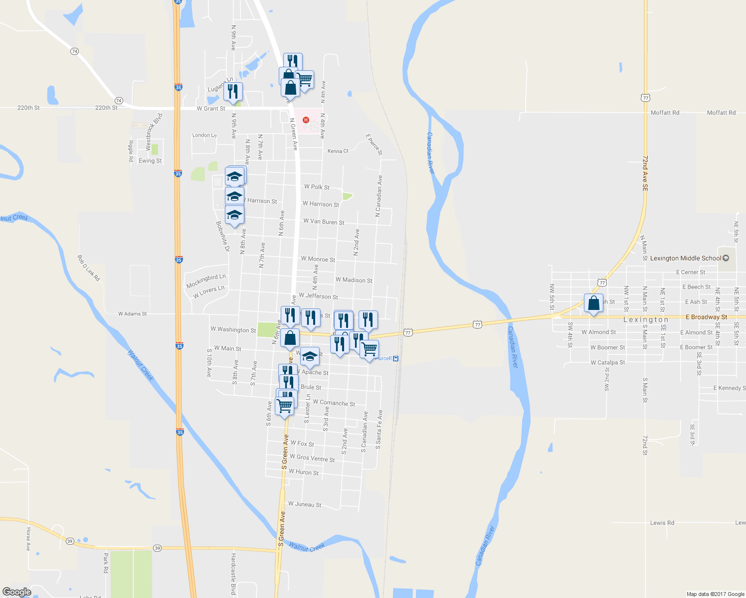 map of restaurants, bars, coffee shops, grocery stores, and more near 330 North Canadian Avenue in Purcell