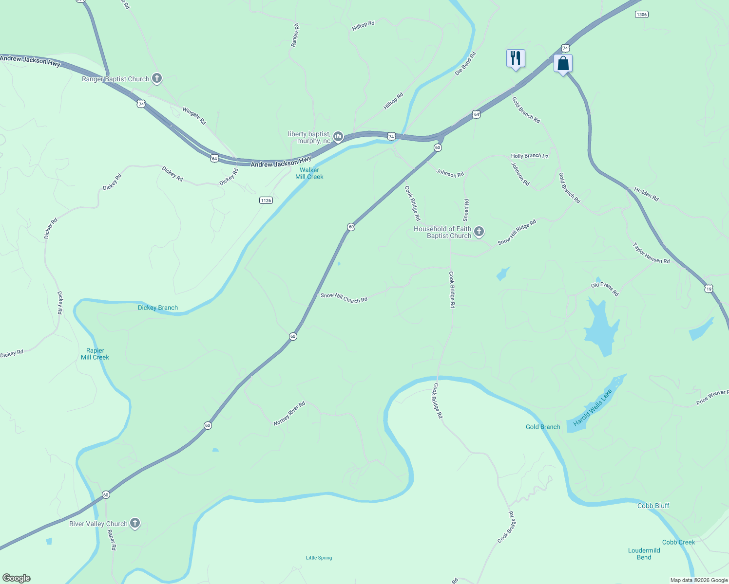 map of restaurants, bars, coffee shops, grocery stores, and more near 323 Snow Hill Church Road in Murphy