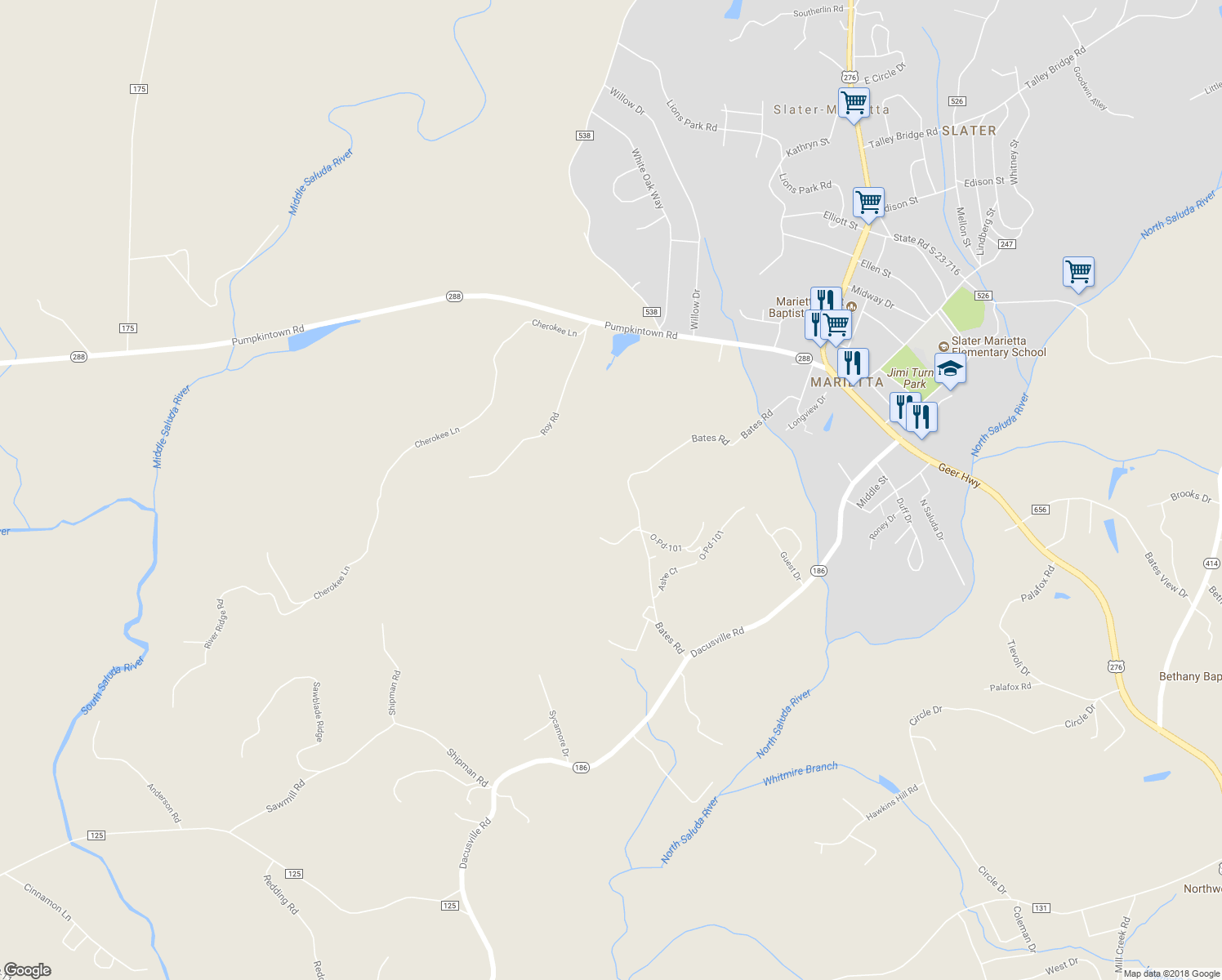map of restaurants, bars, coffee shops, grocery stores, and more near 153 Bates Road in Greenville County