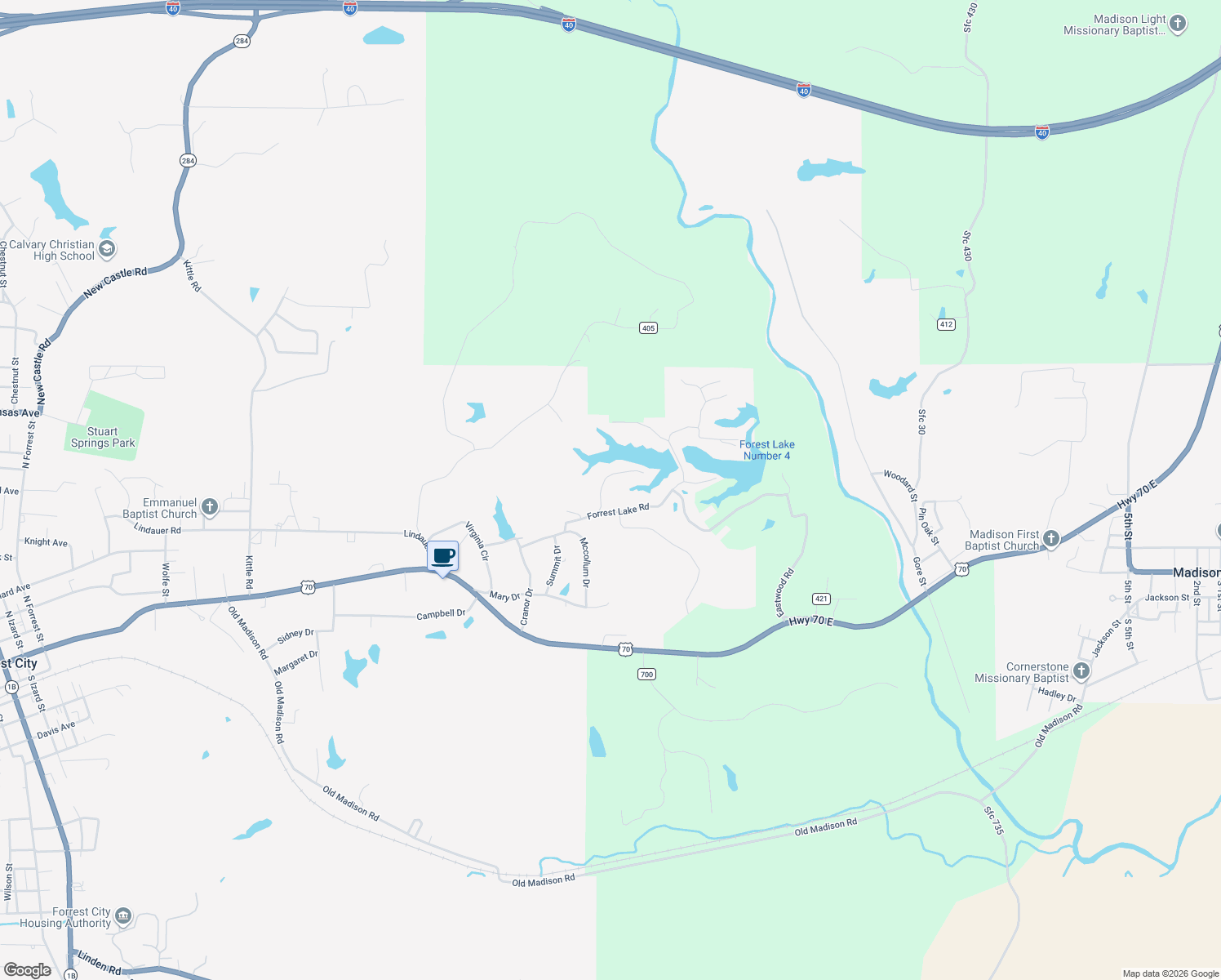 map of restaurants, bars, coffee shops, grocery stores, and more near 3013-3099 Forrest Lake Road in Forrest City