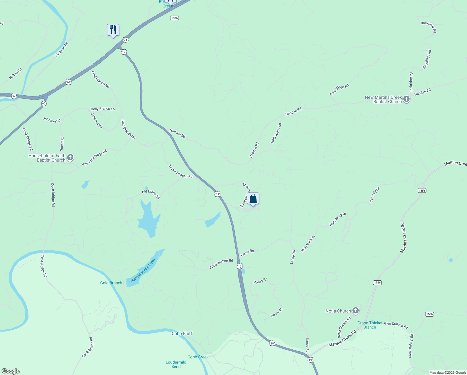 map of restaurants, bars, coffee shops, grocery stores, and more near 154-156 Goldfield Road in Murphy