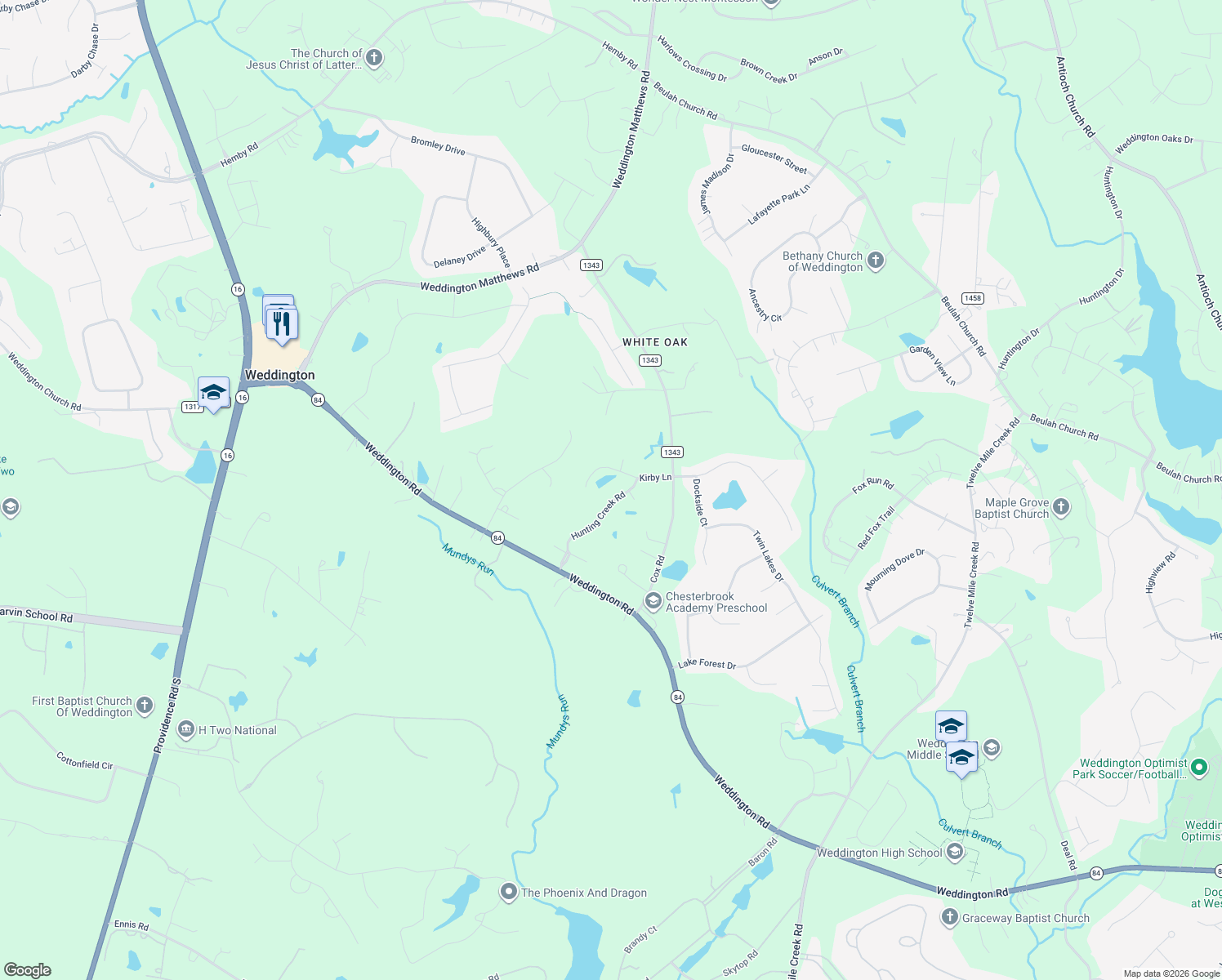 map of restaurants, bars, coffee shops, grocery stores, and more near 449 Hunting Creek Road in Weddington