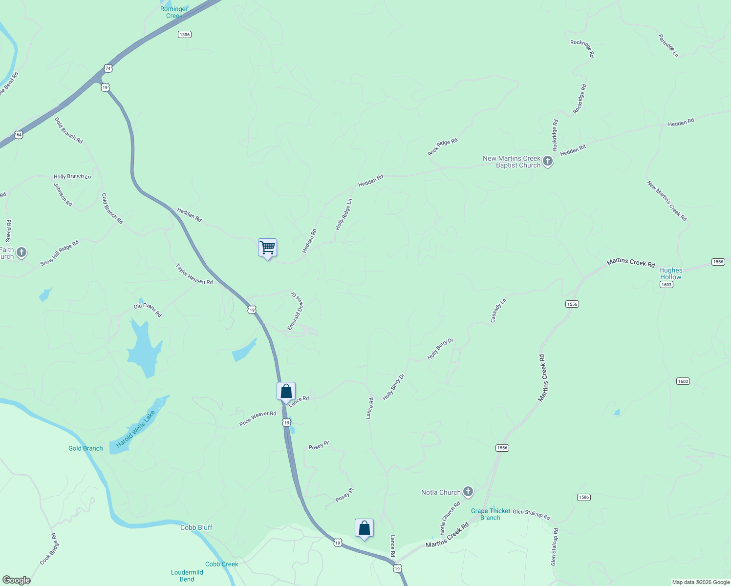 map of restaurants, bars, coffee shops, grocery stores, and more near 77 Blue Ridge Lane in Murphy