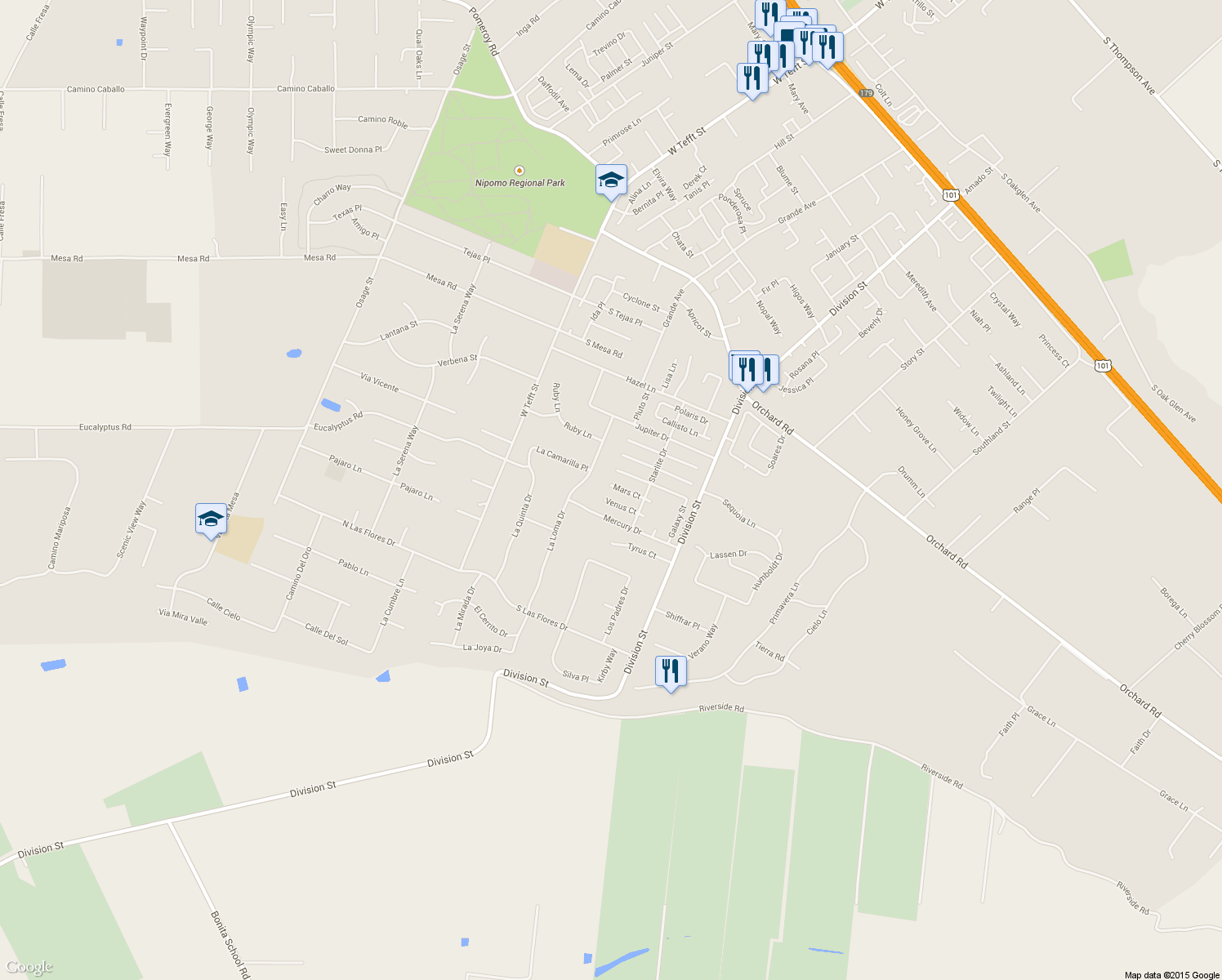 map of restaurants, bars, coffee shops, grocery stores, and more near 328 Mars Court in Nipomo