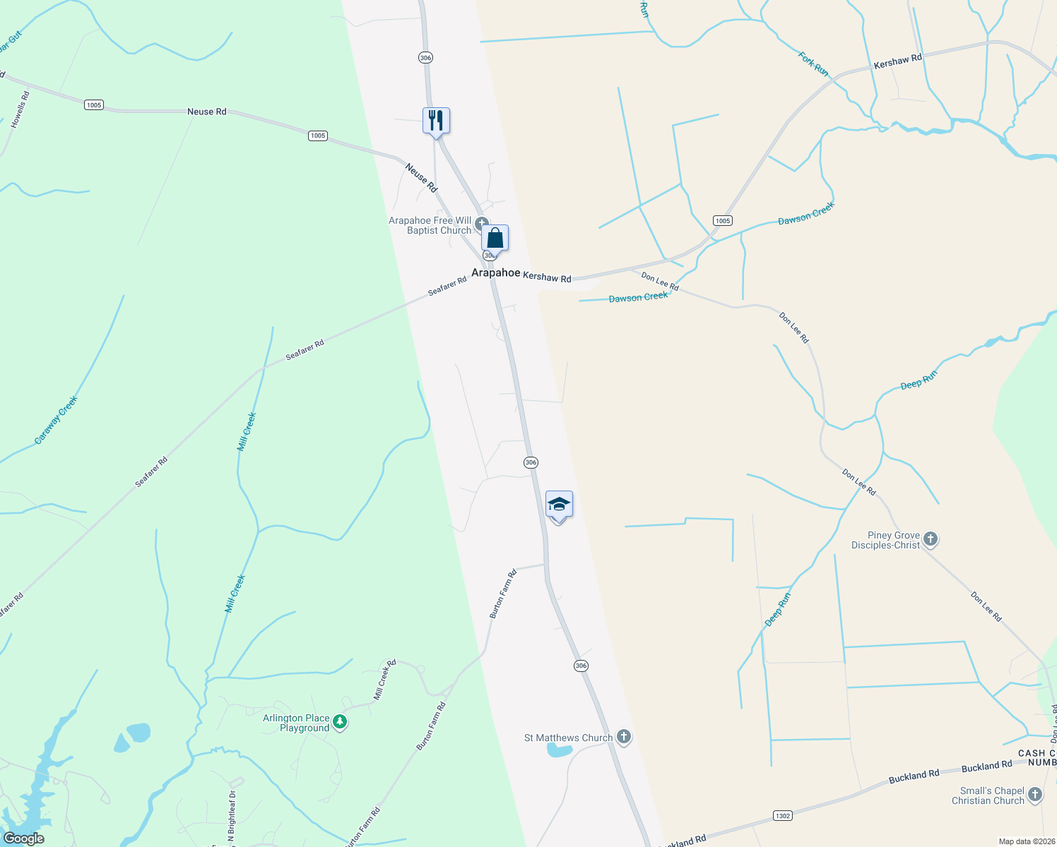 map of restaurants, bars, coffee shops, grocery stores, and more near 6417 Highway 306 in Grantsboro