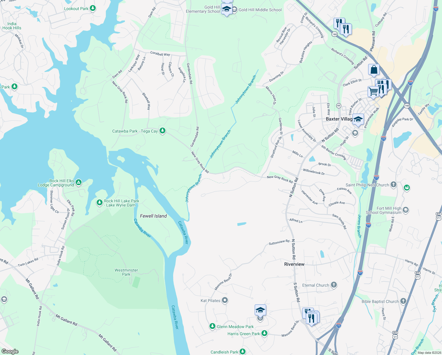map of restaurants, bars, coffee shops, grocery stores, and more near 105 Forsythia Lane in Fort Mill