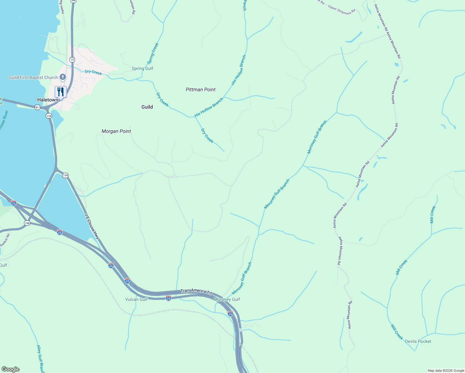 map of restaurants, bars, coffee shops, grocery stores, and more near Morgan Point Road in Guild