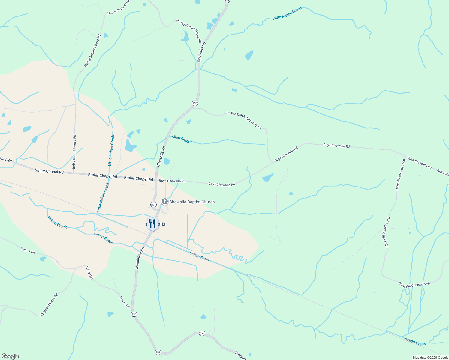 map of restaurants, bars, coffee shops, grocery stores, and more near 6809 Guys Chewalla Road in Ramer