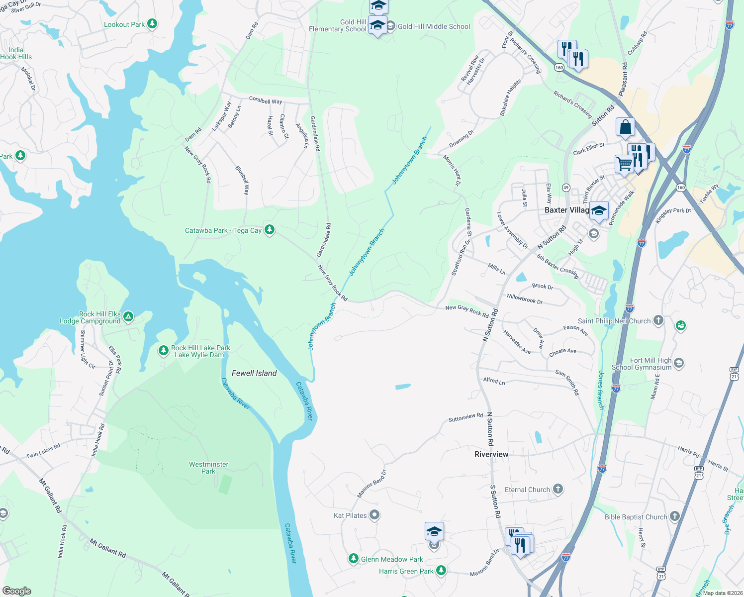 map of restaurants, bars, coffee shops, grocery stores, and more near 105 Forsythia Lane in Fort Mill