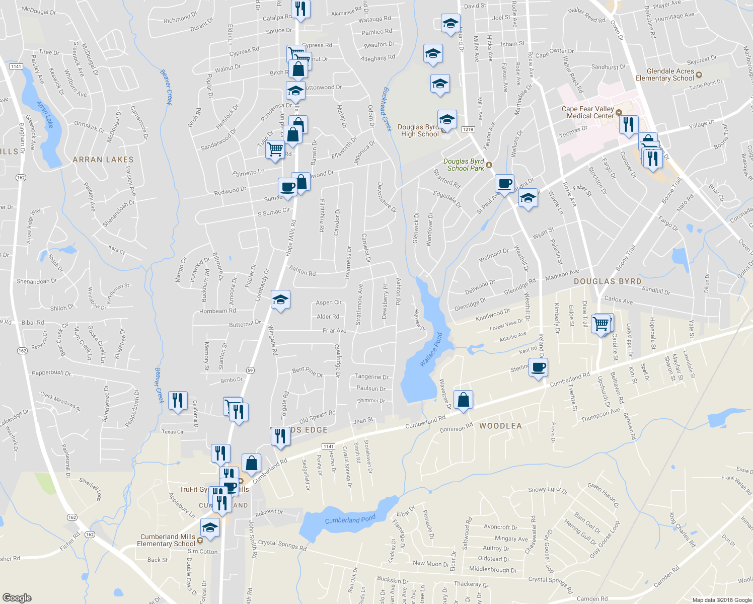map of restaurants, bars, coffee shops, grocery stores, and more near 1825 Camelot Drive in Fayetteville