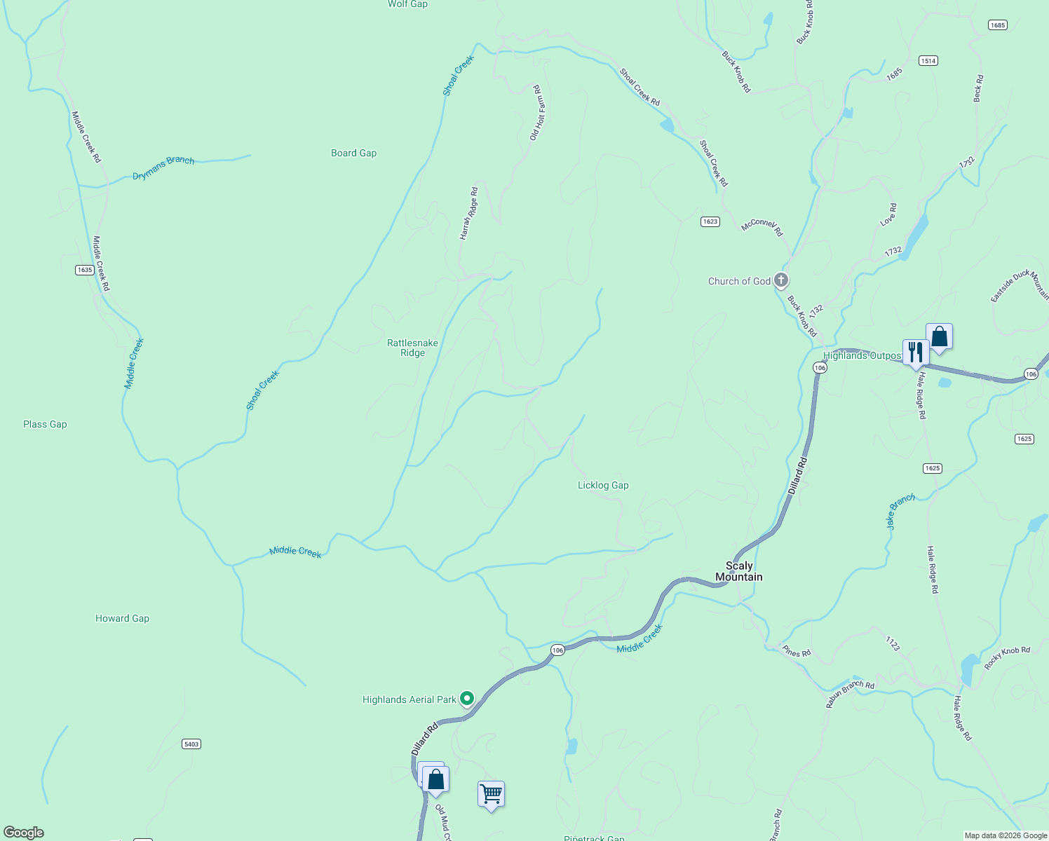 map of restaurants, bars, coffee shops, grocery stores, and more near 2 Falls Road in Scaly Mountain