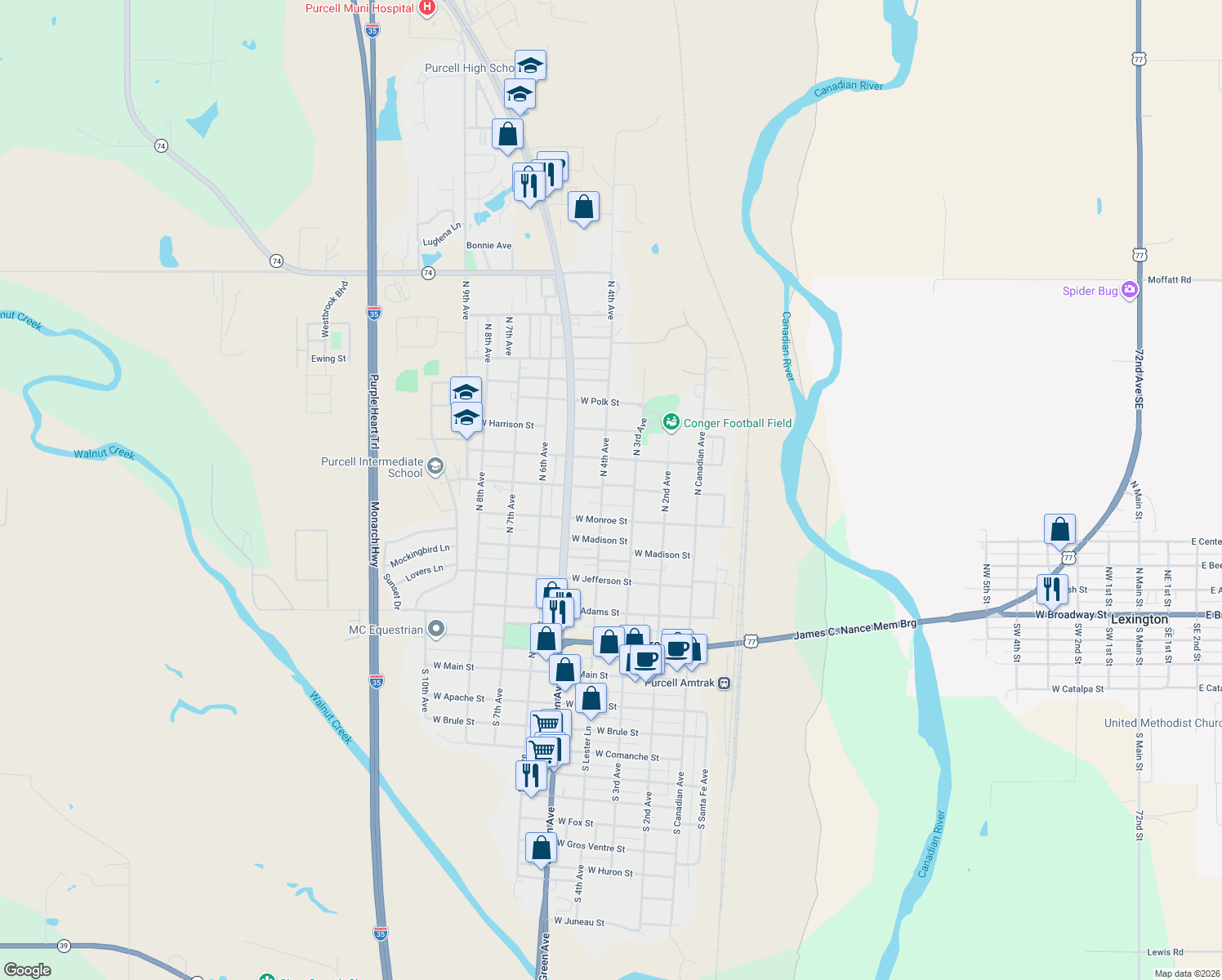 map of restaurants, bars, coffee shops, grocery stores, and more near 326 Jackson Street in Purcell