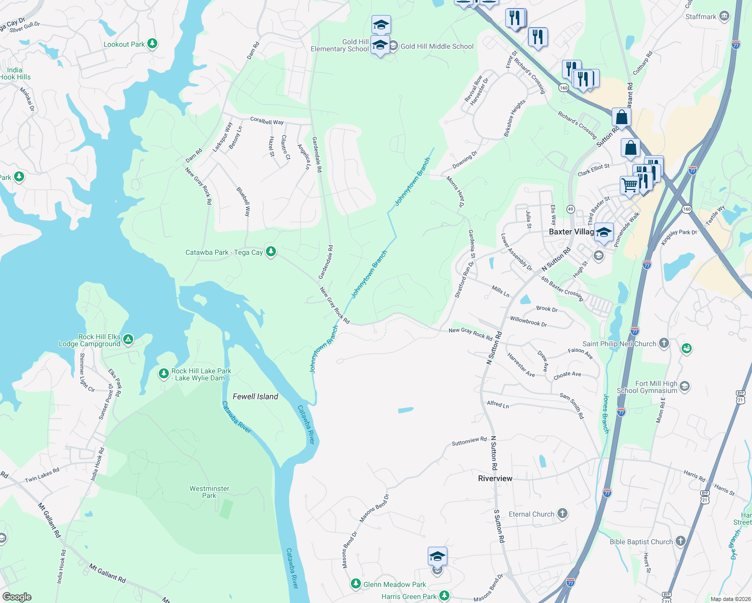 map of restaurants, bars, coffee shops, grocery stores, and more near 142 Forsythia Lane in Fort Mill