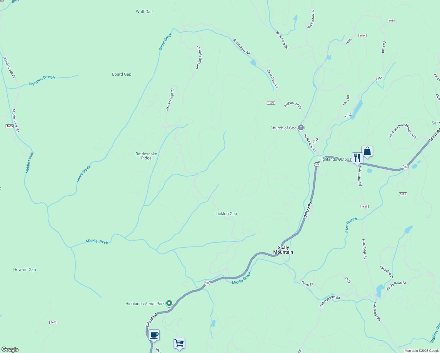 map of restaurants, bars, coffee shops, grocery stores, and more near in Scaly Mountain