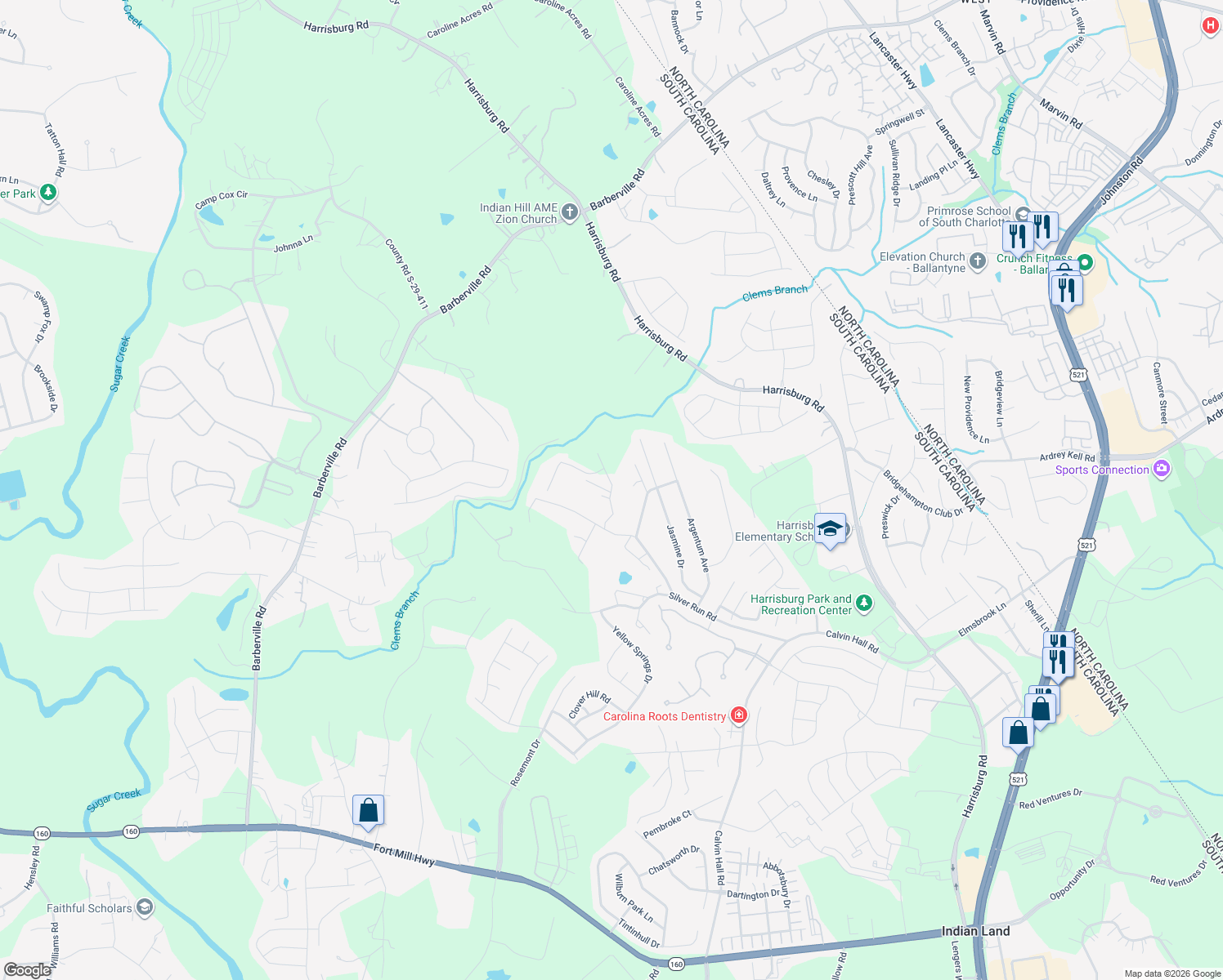 map of restaurants, bars, coffee shops, grocery stores, and more near 10537 Cedar Trace Rd in Fort Mill