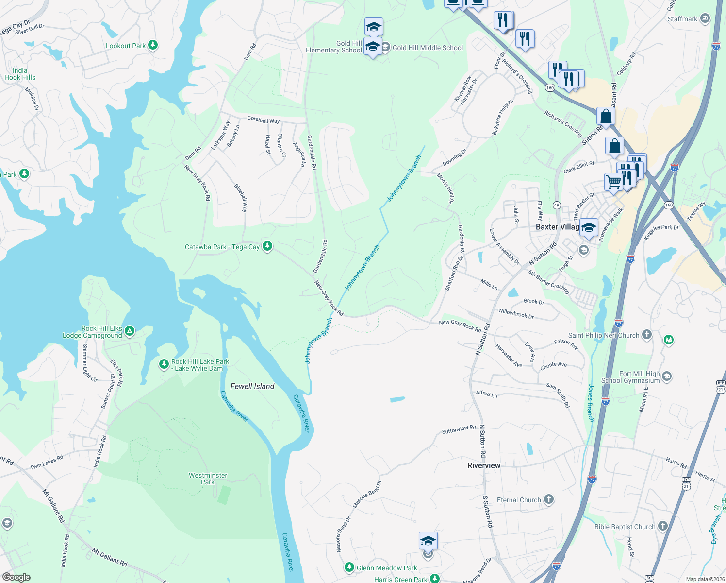 map of restaurants, bars, coffee shops, grocery stores, and more near 142 Forsythia Lane in Fort Mill