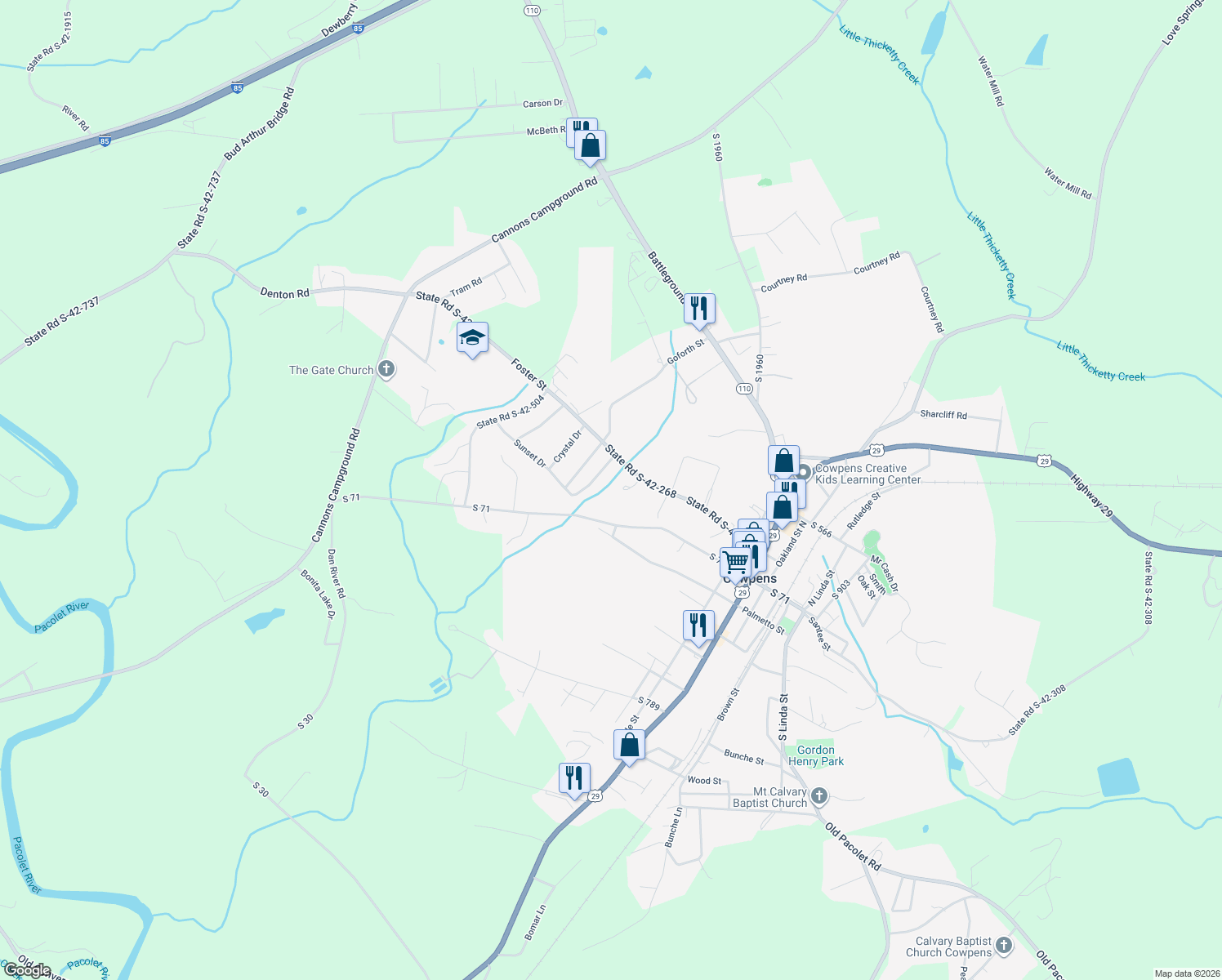map of restaurants, bars, coffee shops, grocery stores, and more near 106 Marion Ct in Cowpens