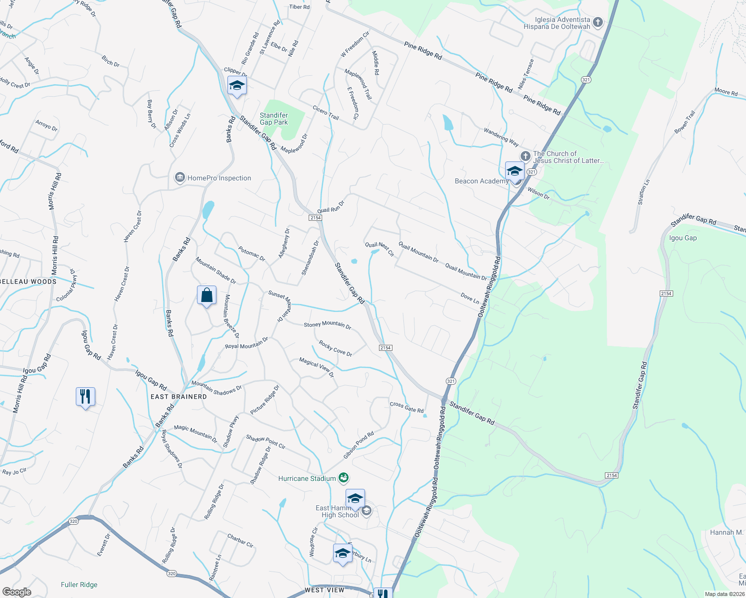 map of restaurants, bars, coffee shops, grocery stores, and more near 9012 Standifer Gap Road in Chattanooga