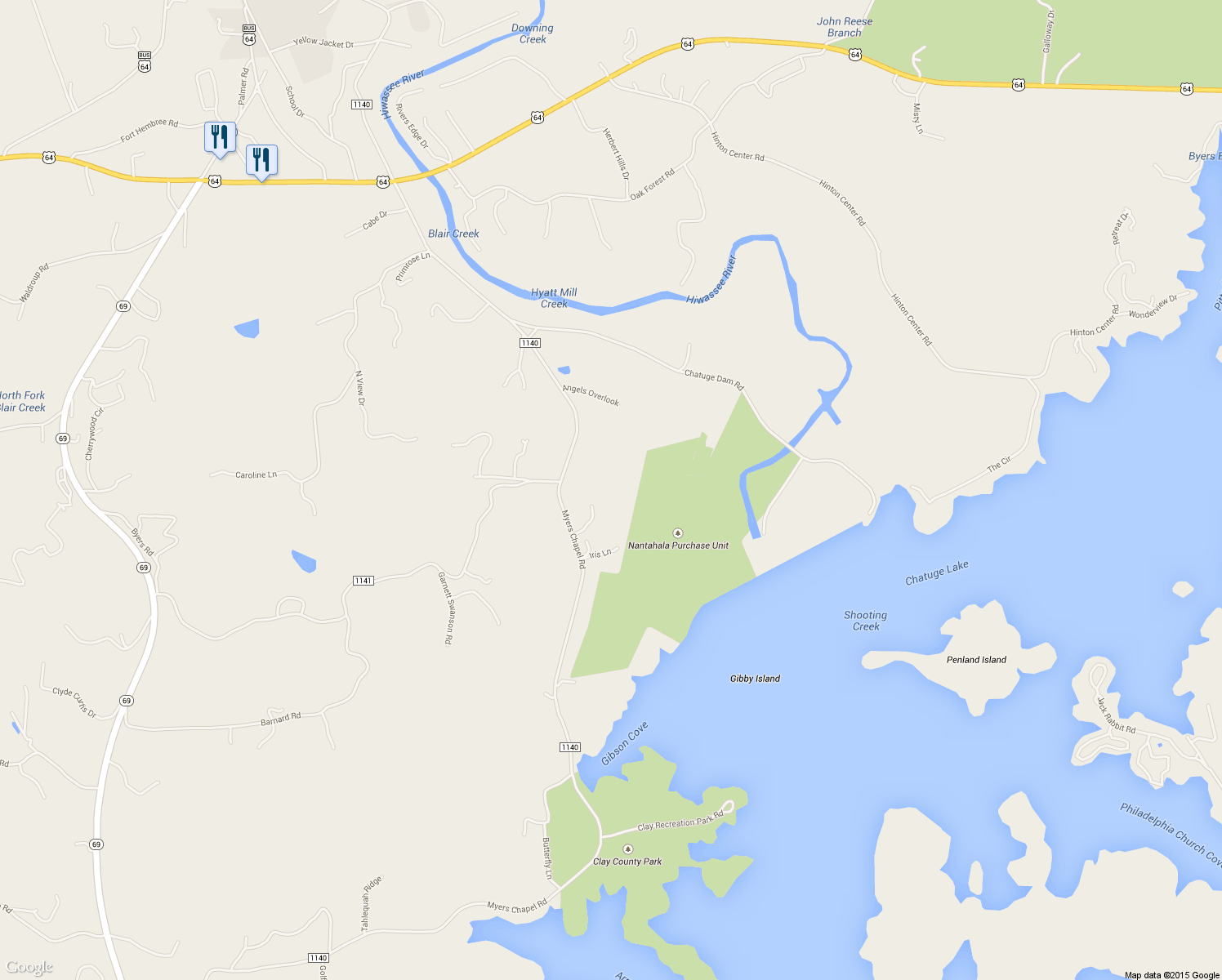 map of restaurants, bars, coffee shops, grocery stores, and more near 2571 Myers Chapel Road in Hayesville