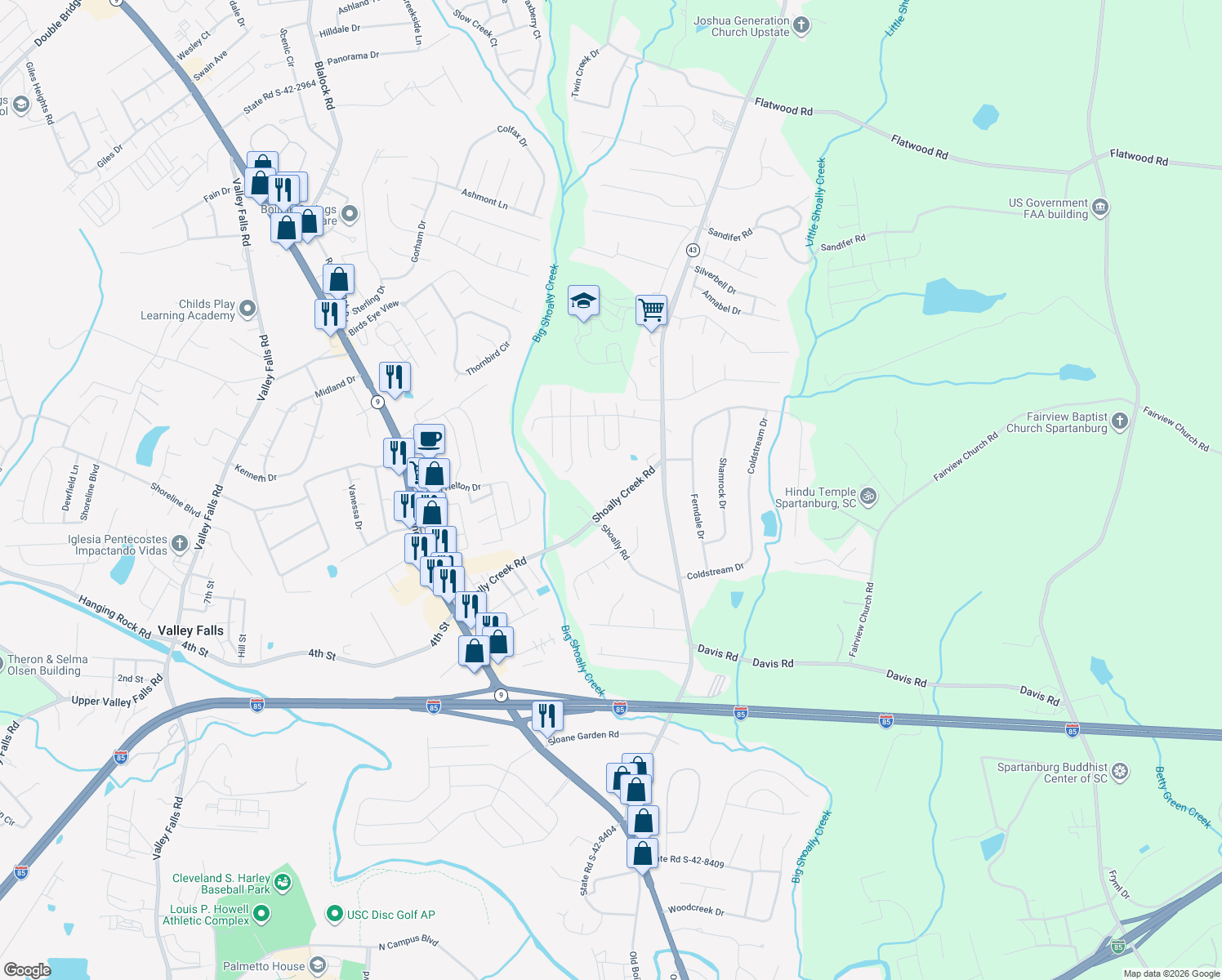 map of restaurants, bars, coffee shops, grocery stores, and more near 1531 Shoally Creek Road in Boiling Springs