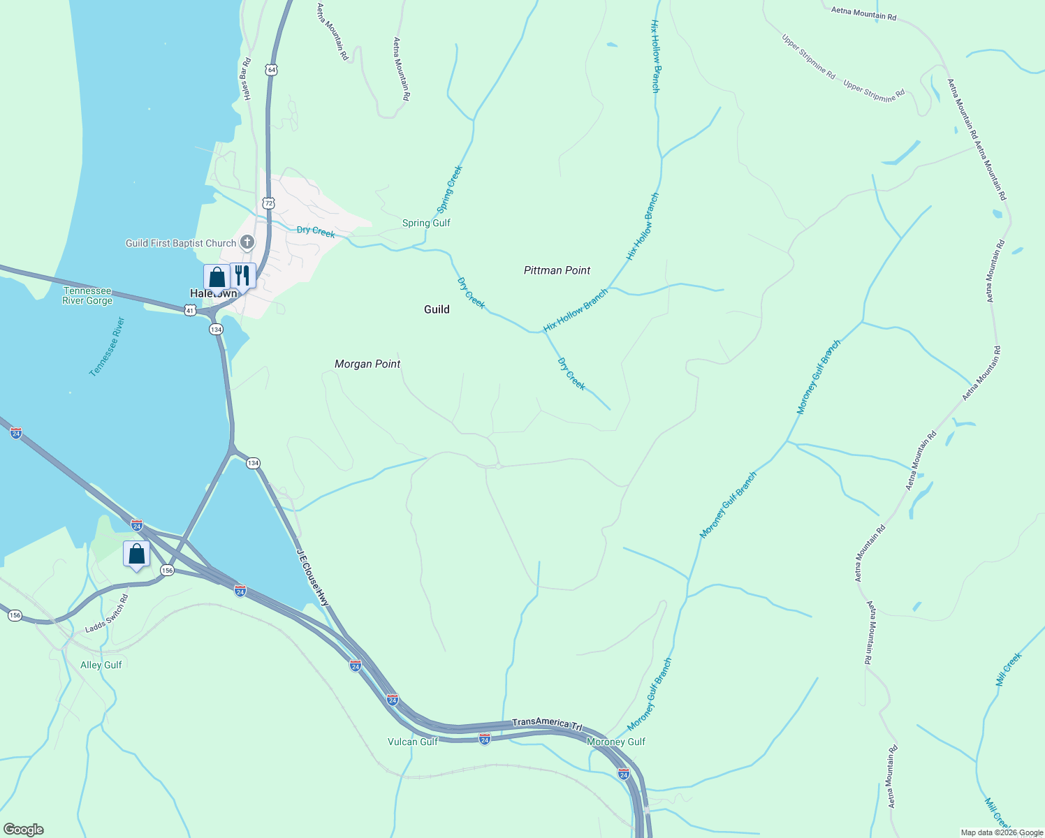 map of restaurants, bars, coffee shops, grocery stores, and more near Morgan Point Road in Guild