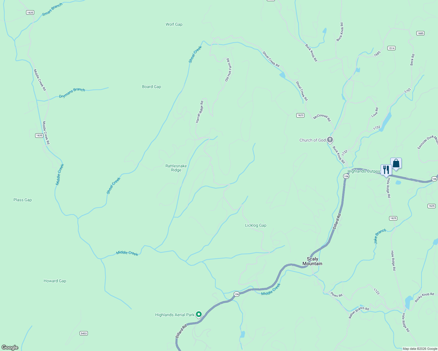 map of restaurants, bars, coffee shops, grocery stores, and more near 550 Silly Ridge Road in Scaly Mountain