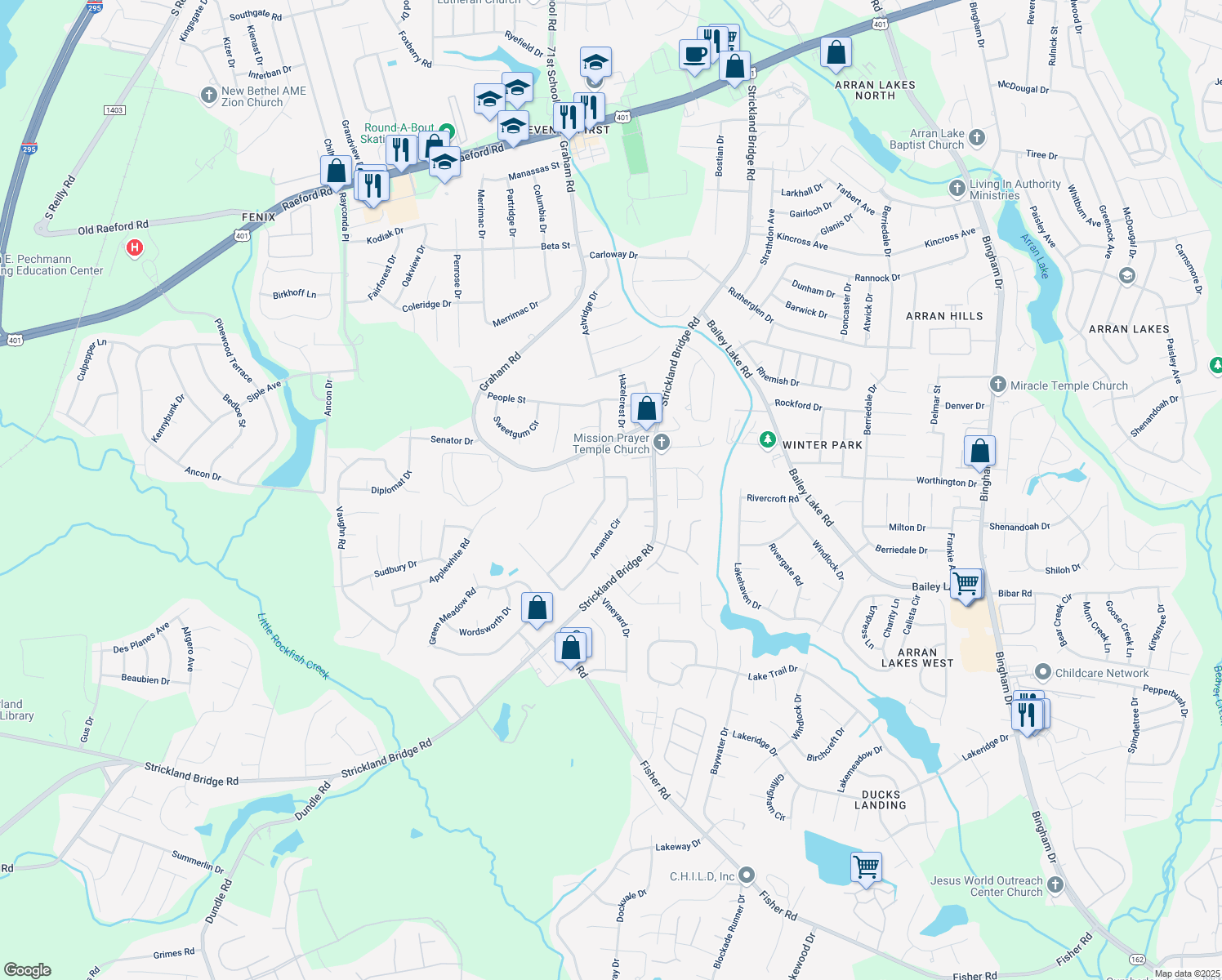map of restaurants, bars, coffee shops, grocery stores, and more near 2203 Delta Drive in Fayetteville