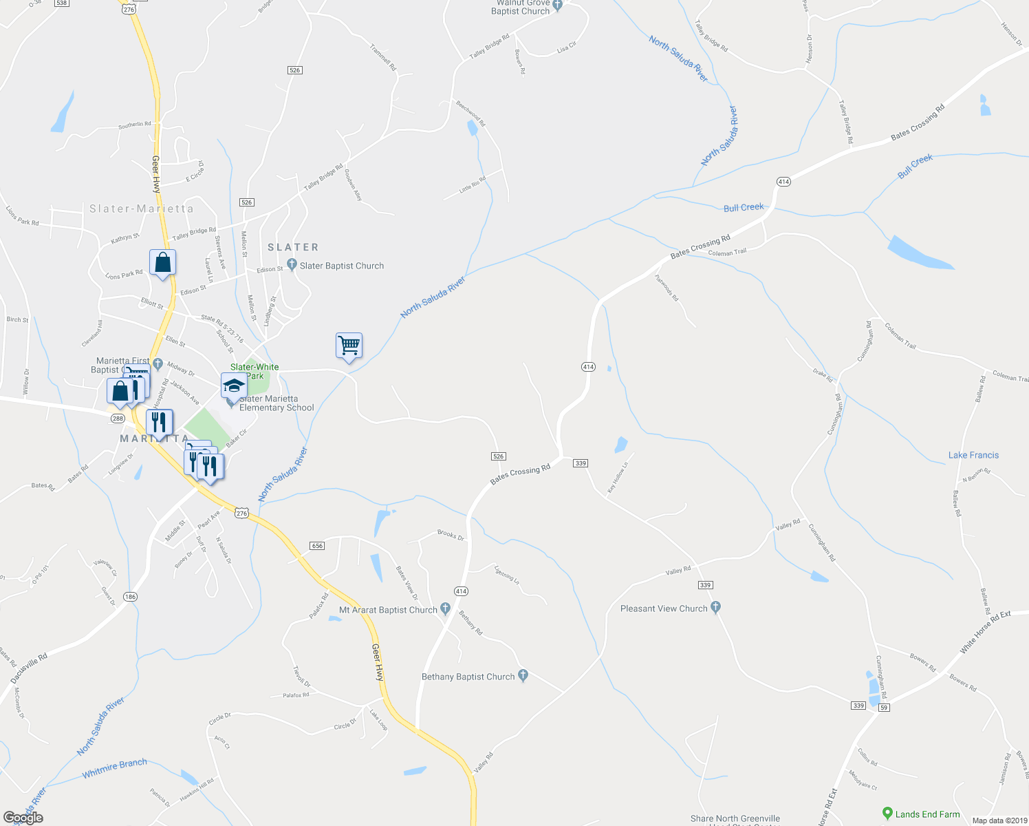 map of restaurants, bars, coffee shops, grocery stores, and more near 24 Bates Bridge Road in Travelers Rest