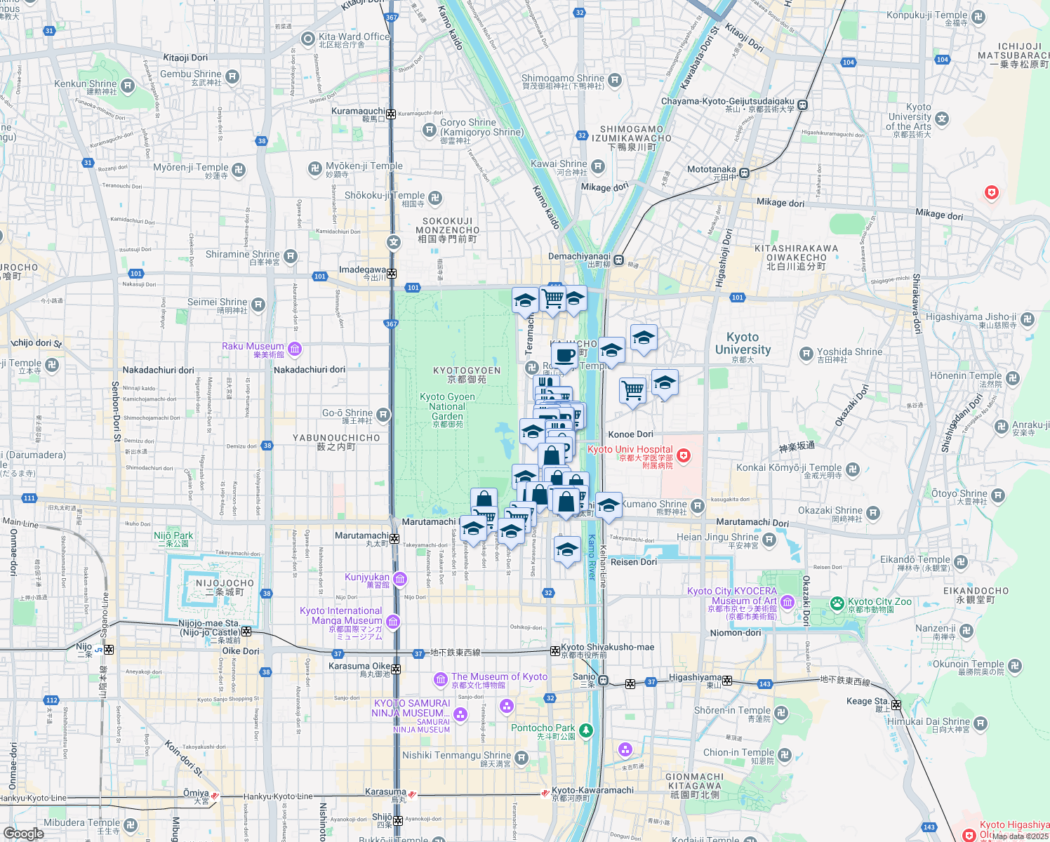 map of restaurants, bars, coffee shops, grocery stores, and more near Teramachi Dori in Kamigyo Ward