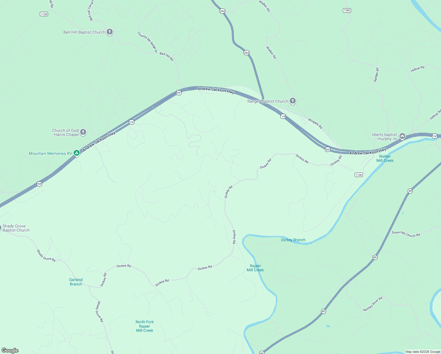 map of restaurants, bars, coffee shops, grocery stores, and more near 1054 Dickey Road in Murphy