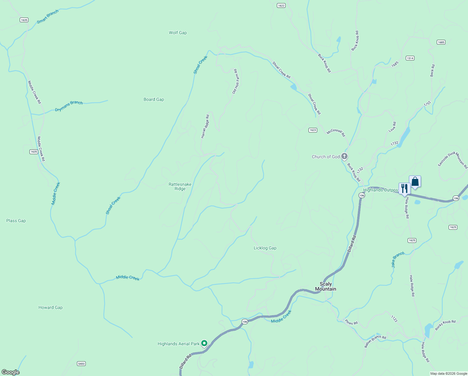 map of restaurants, bars, coffee shops, grocery stores, and more near 550 Silly Ridge Road in Scaly Mountain
