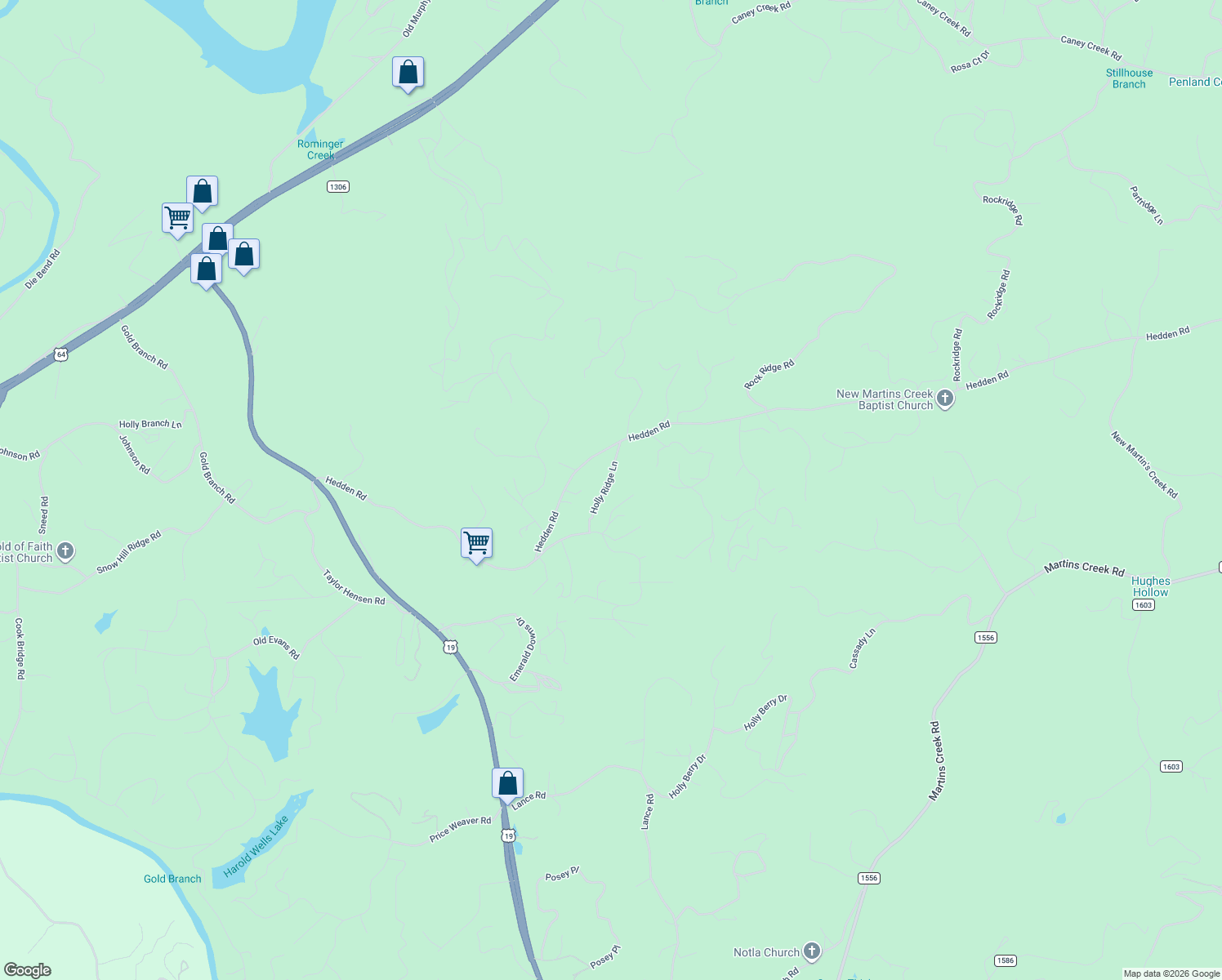 map of restaurants, bars, coffee shops, grocery stores, and more near 124 Holly Ridge Lane in Murphy