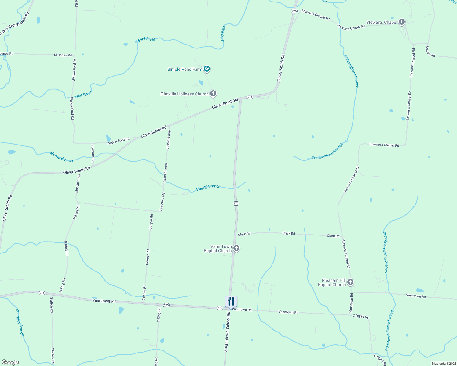 map of restaurants, bars, coffee shops, grocery stores, and more near 102 North Vanntown School Road in Flintville