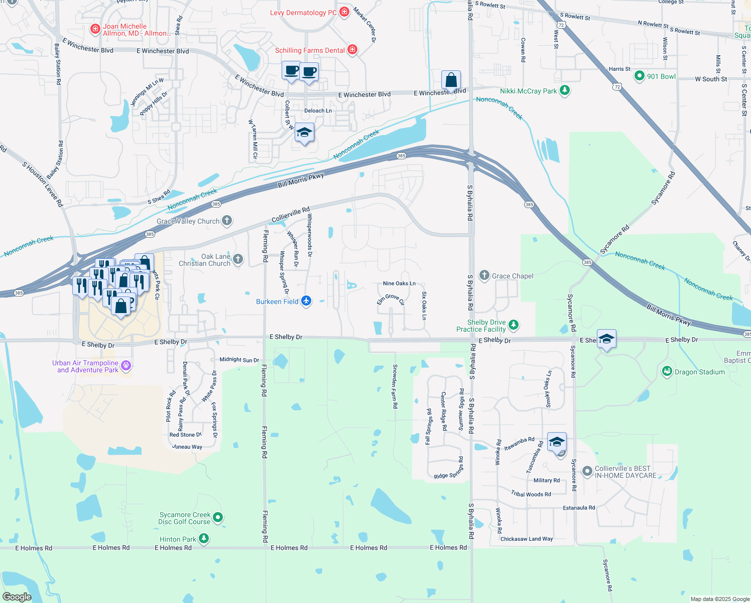 map of restaurants, bars, coffee shops, grocery stores, and more near 940 Elm Grove Cir in Collierville