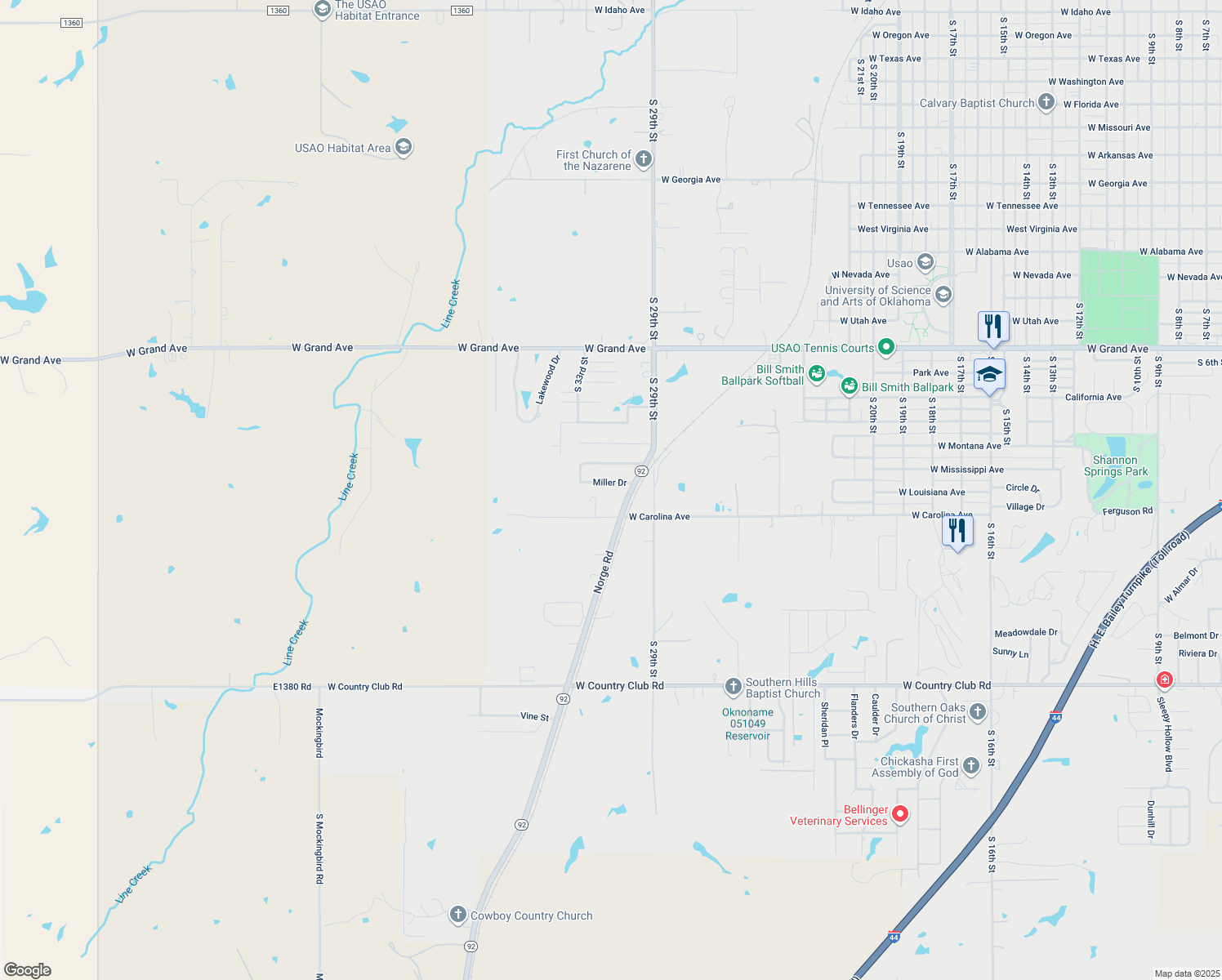 map of restaurants, bars, coffee shops, grocery stores, and more near 43 Miller Dr in Chickasha
