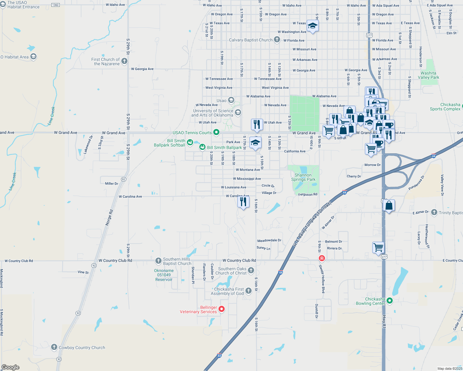 map of restaurants, bars, coffee shops, grocery stores, and more near 2616 S 18th St in Chickasha