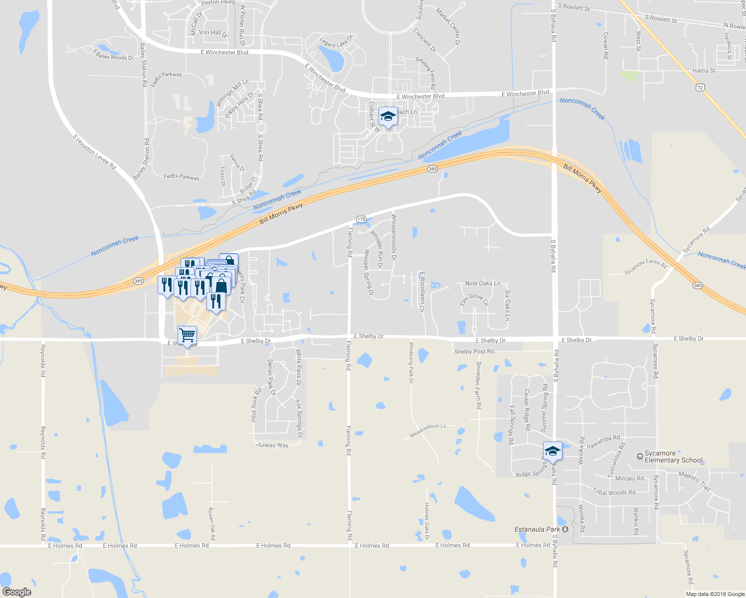 map of restaurants, bars, coffee shops, grocery stores, and more near 4585 Whisper Spring Drive in Collierville