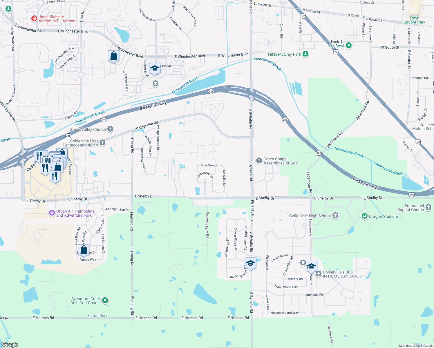 map of restaurants, bars, coffee shops, grocery stores, and more near 768 Crimson Oaks Lane in Collierville