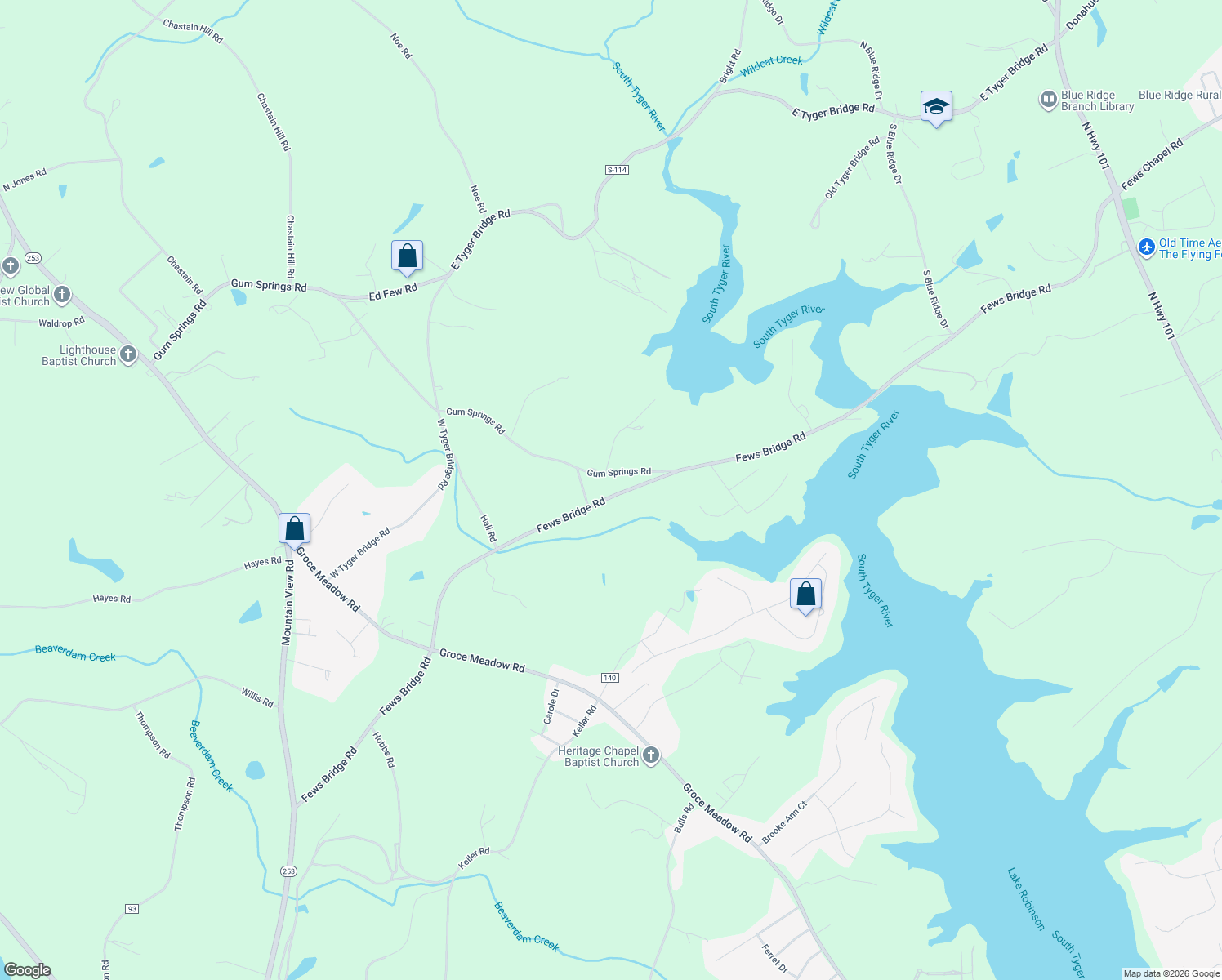 map of restaurants, bars, coffee shops, grocery stores, and more near 455 Fews Bridge Road in Taylors