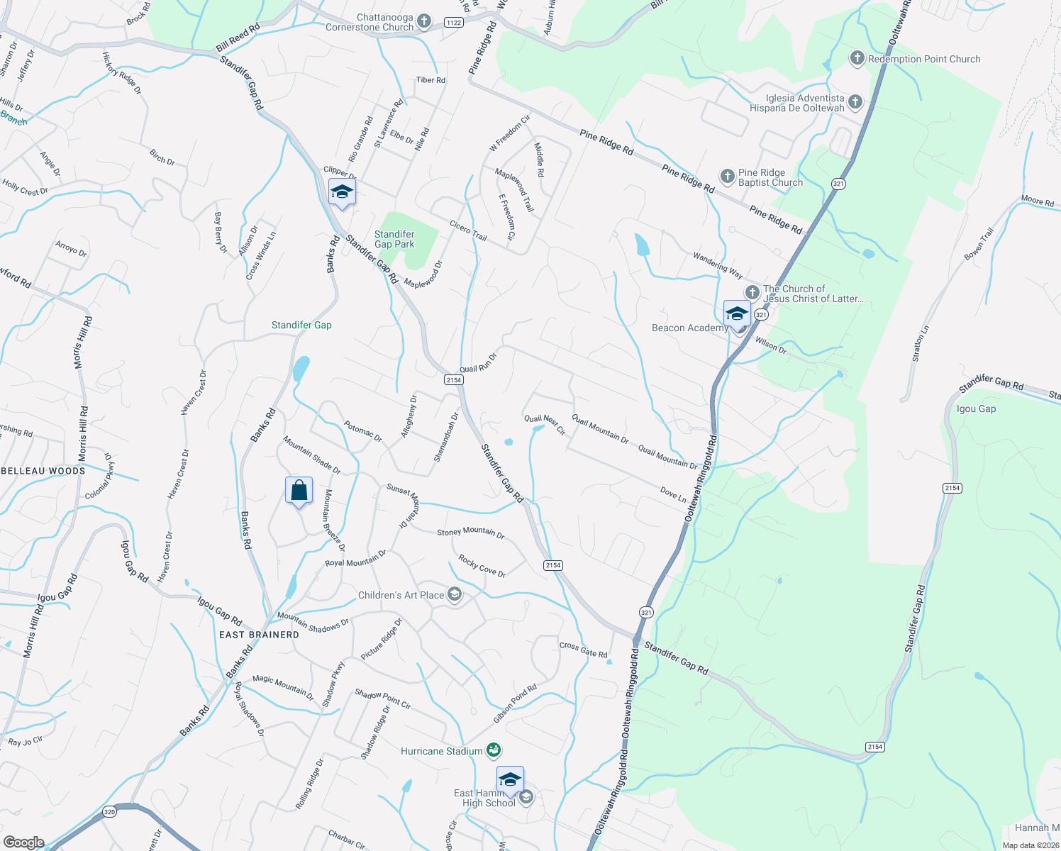 map of restaurants, bars, coffee shops, grocery stores, and more near 2416 Quail Nest Circle in Chattanooga