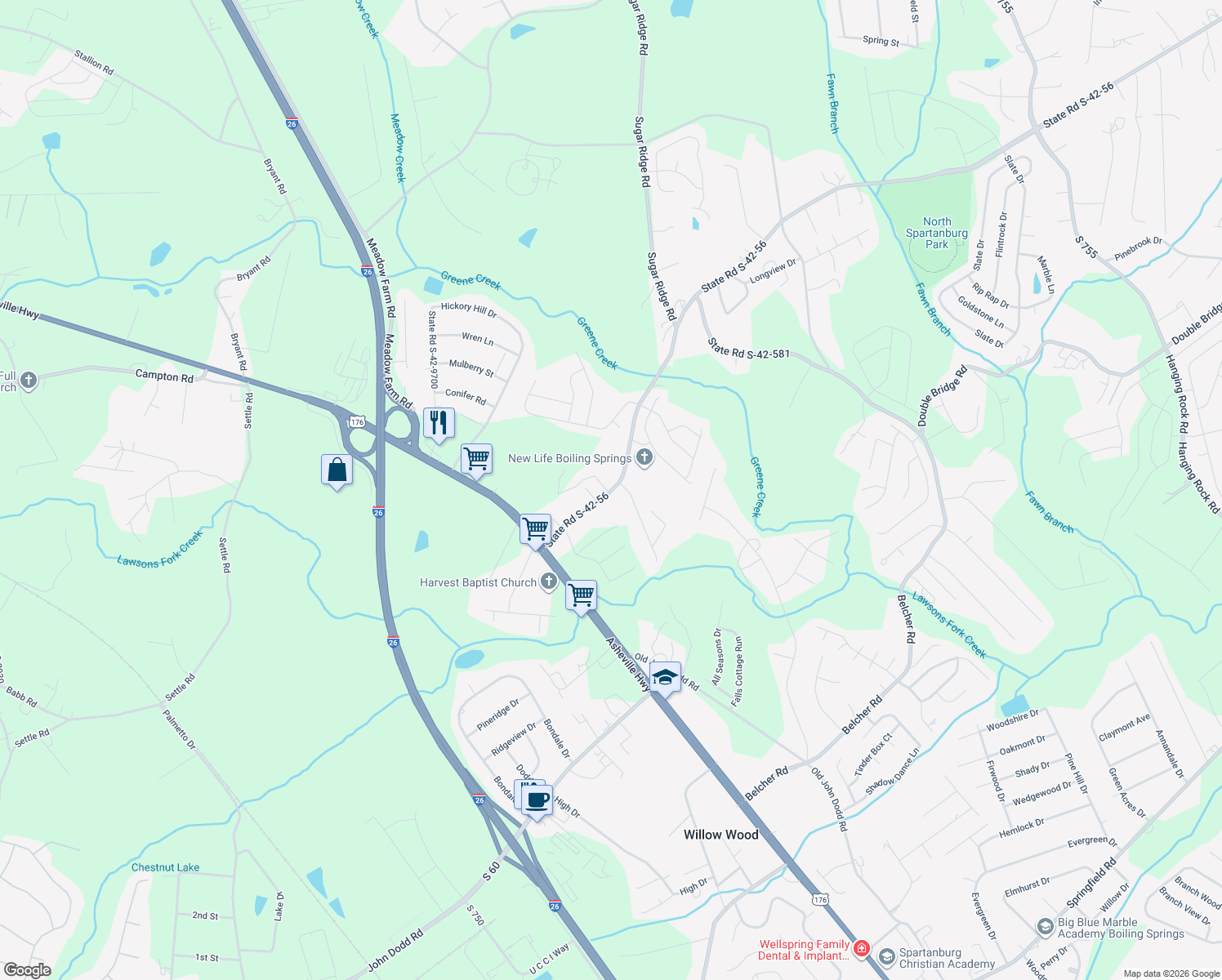 map of restaurants, bars, coffee shops, grocery stores, and more near 271 Old Furnace Road in Boiling Springs
