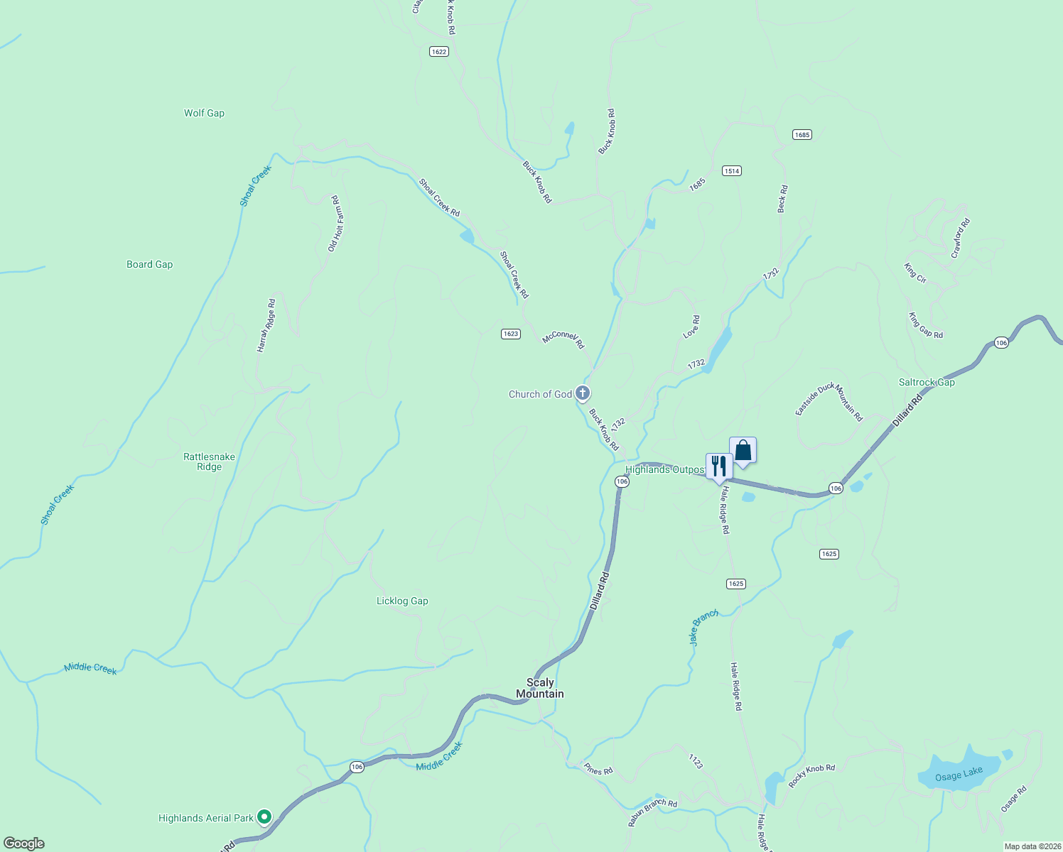 map of restaurants, bars, coffee shops, grocery stores, and more near 963 Browns Mountain Road in Scaly Mountain
