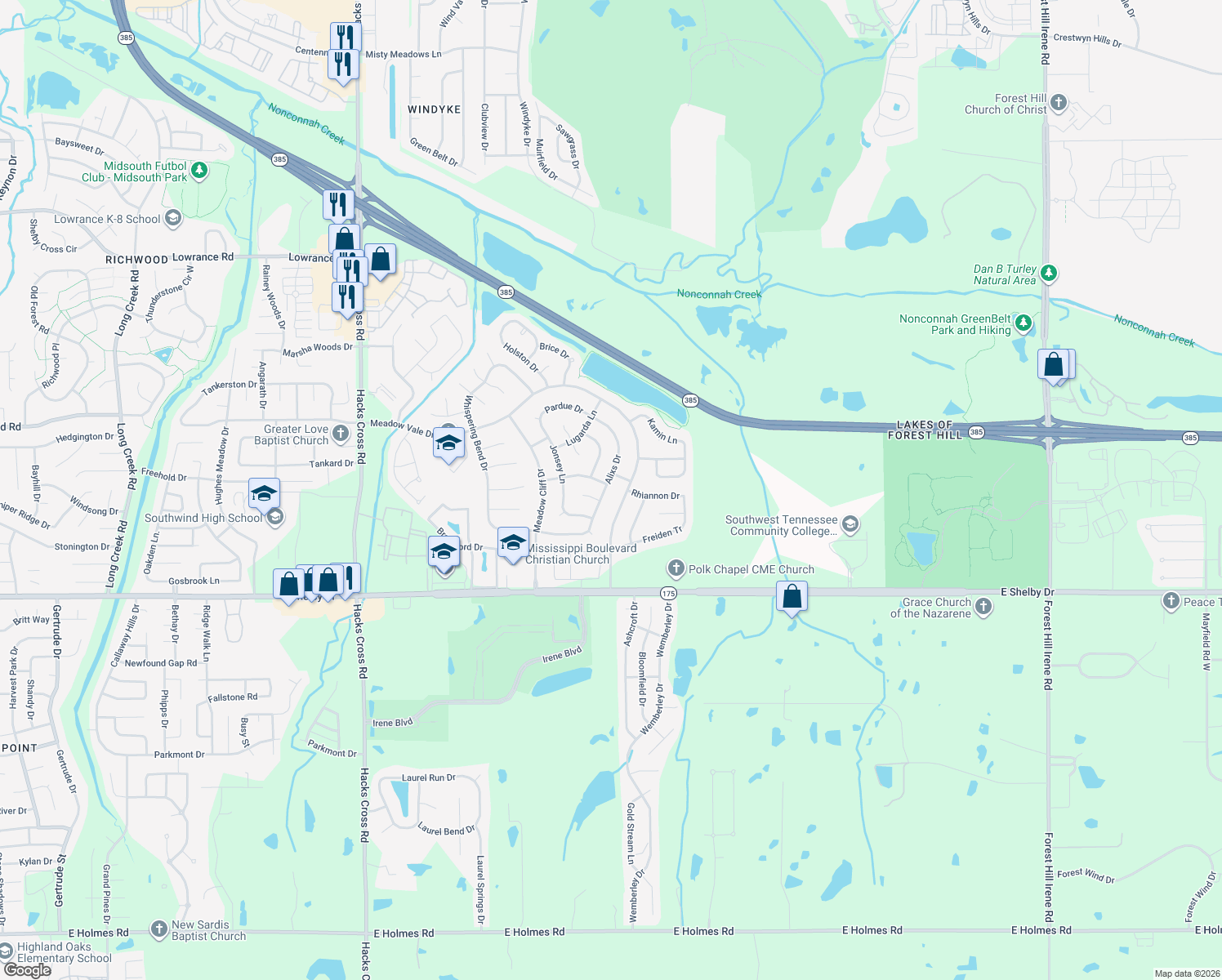 map of restaurants, bars, coffee shops, grocery stores, and more near 4524 Alixs Dr in Memphis