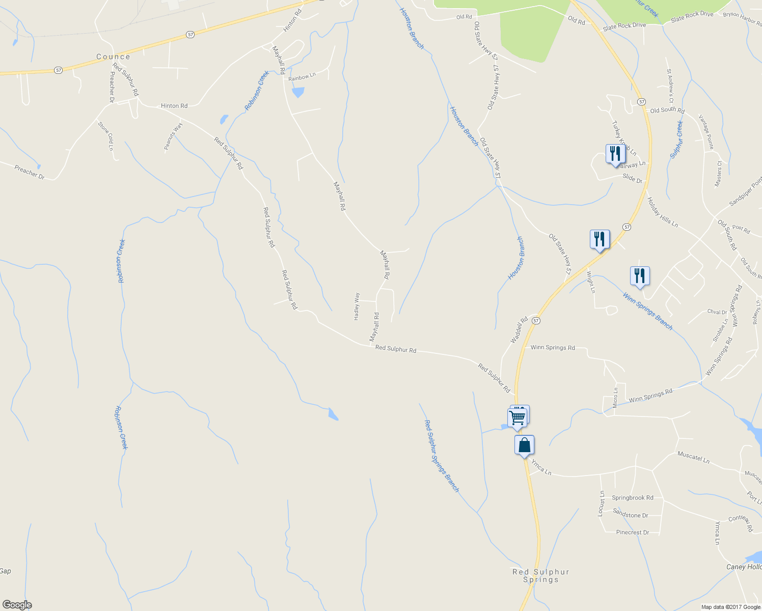 map of restaurants, bars, coffee shops, grocery stores, and more near 1425 Mayhall Road in Counce