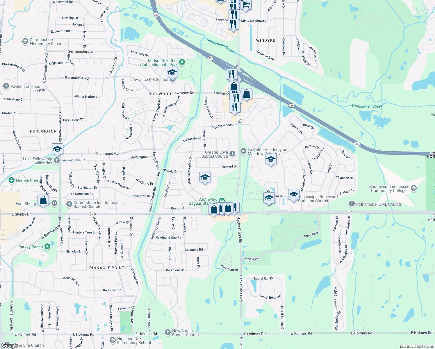 map of restaurants, bars, coffee shops, grocery stores, and more near 7935 Freehold Cove in Memphis