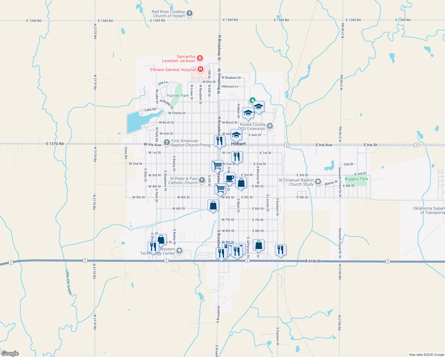 map of restaurants, bars, coffee shops, grocery stores, and more near 399 South Broadway Avenue in Hobart